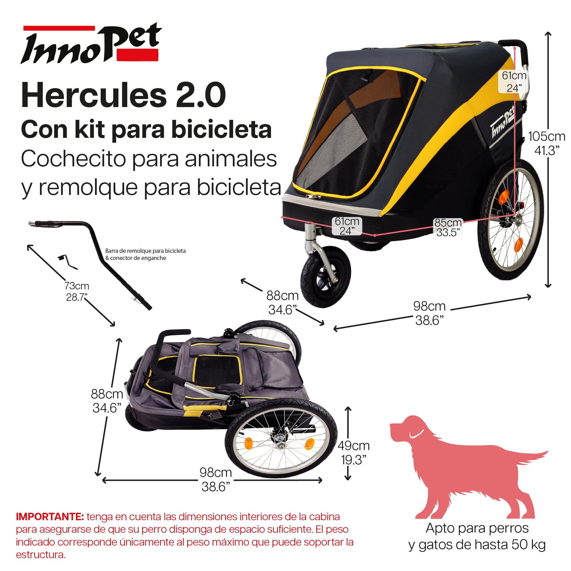 InnoPet Hercules 2 en 1 Cochecito y Remolque para Perros Amarillo Gris con Barra para Bicicleta, Ruedas de Aire de 20 Pulgadas, Estructura Robusta e Incluye Funda para Lluvia