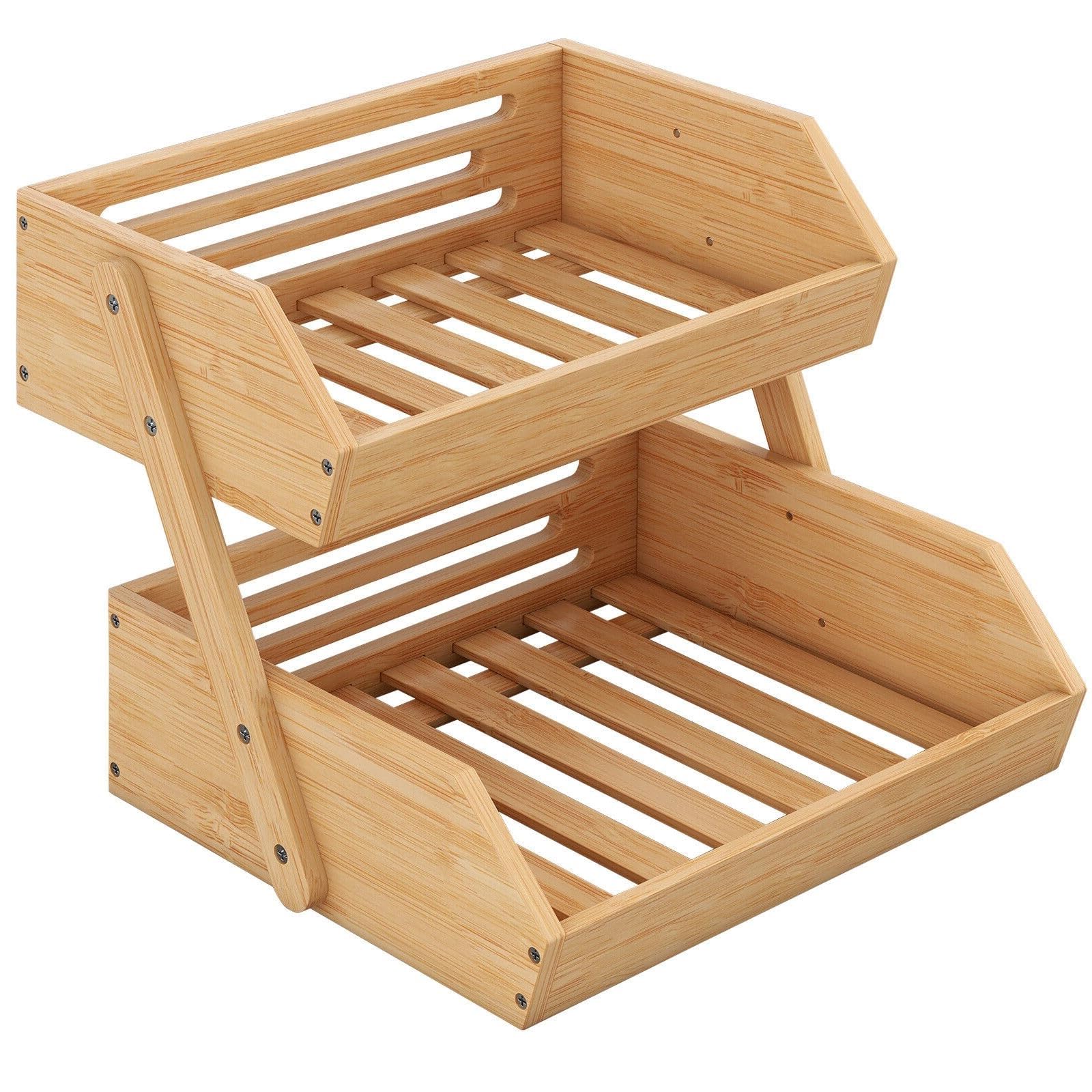 CROWNSHOP 2-Tier Bamboo Fruits Basket Fruits Bowl Holder Bread Basket Vegetable Fruits Holder Organiser for Kitchen Home Decorative Storage