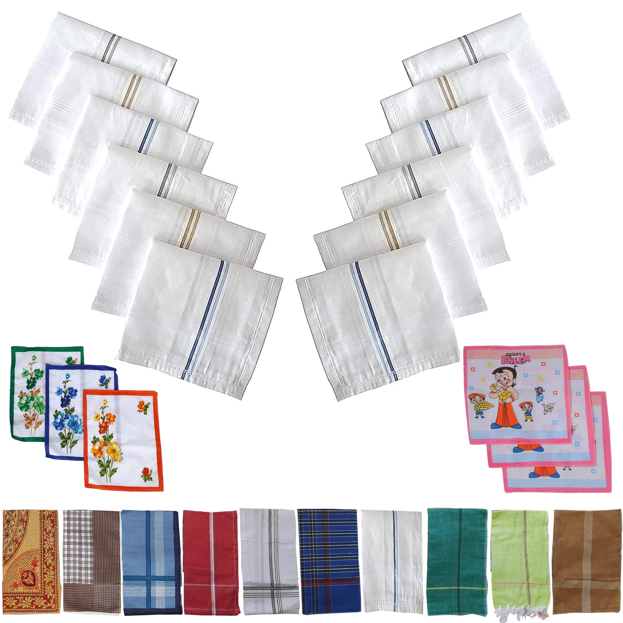 SAI PRASEEDA 100% Pure Soft Cotton Hand Kerchief_Hanky Multi Color Pack of 12 with Free 3 Ladies Kerchief_3 Kids Kerchief SP1-picture-35