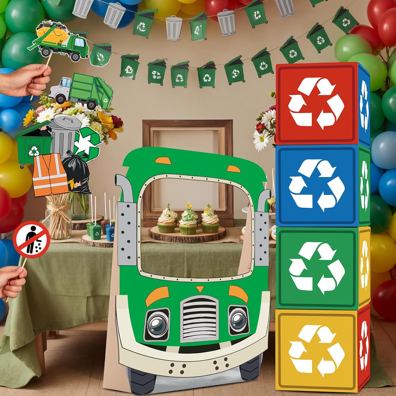 Trash Truck Birthday Decorations, Garbage Truck Photo Booth Props Set, Garbage Truck Cardstock Standee with Recycling Box Decorations for Birthday Party or Baby Shower Decor