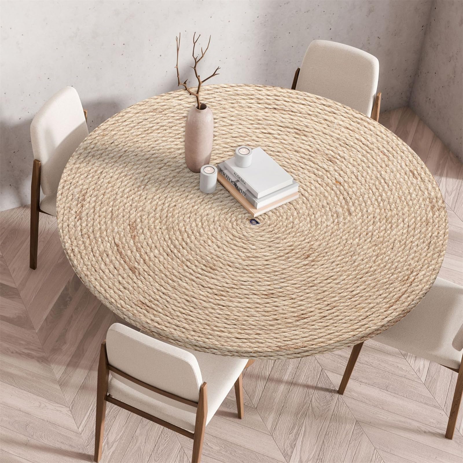 Muiuou Round Tablecloth, Wood Texture Printing Reusable Waterproof Oil-Proof Elastic Round Table Cover Cloth, Fitted Kitchen Restaurant Picnic Home Decoration
