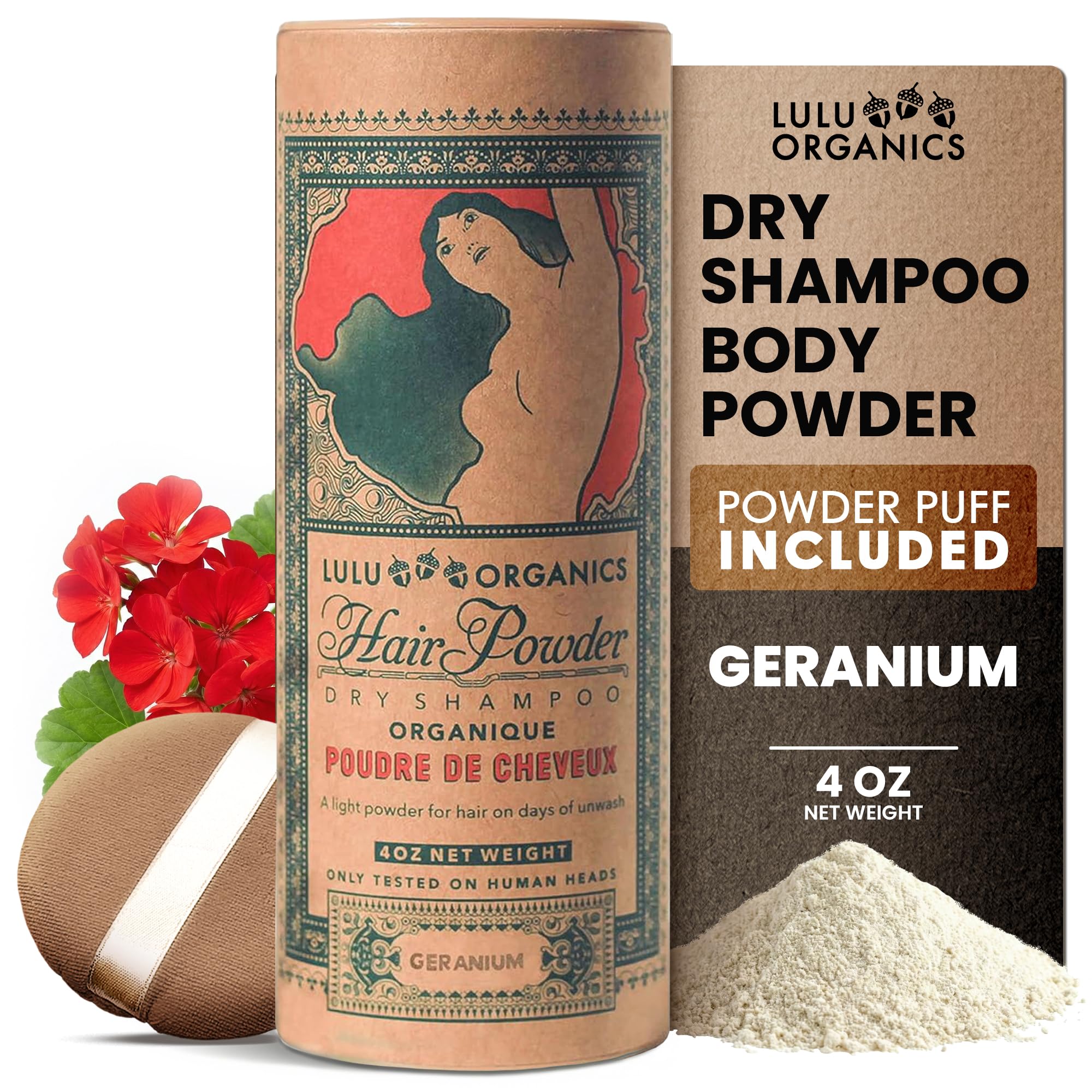 Lulu Organics Dry Shampoo Powder - Non-aerosol, Natural Dry Shampoo for Dark, Blonde or Oily Hair, Organic Body Powder, Paraben & Talc free No White