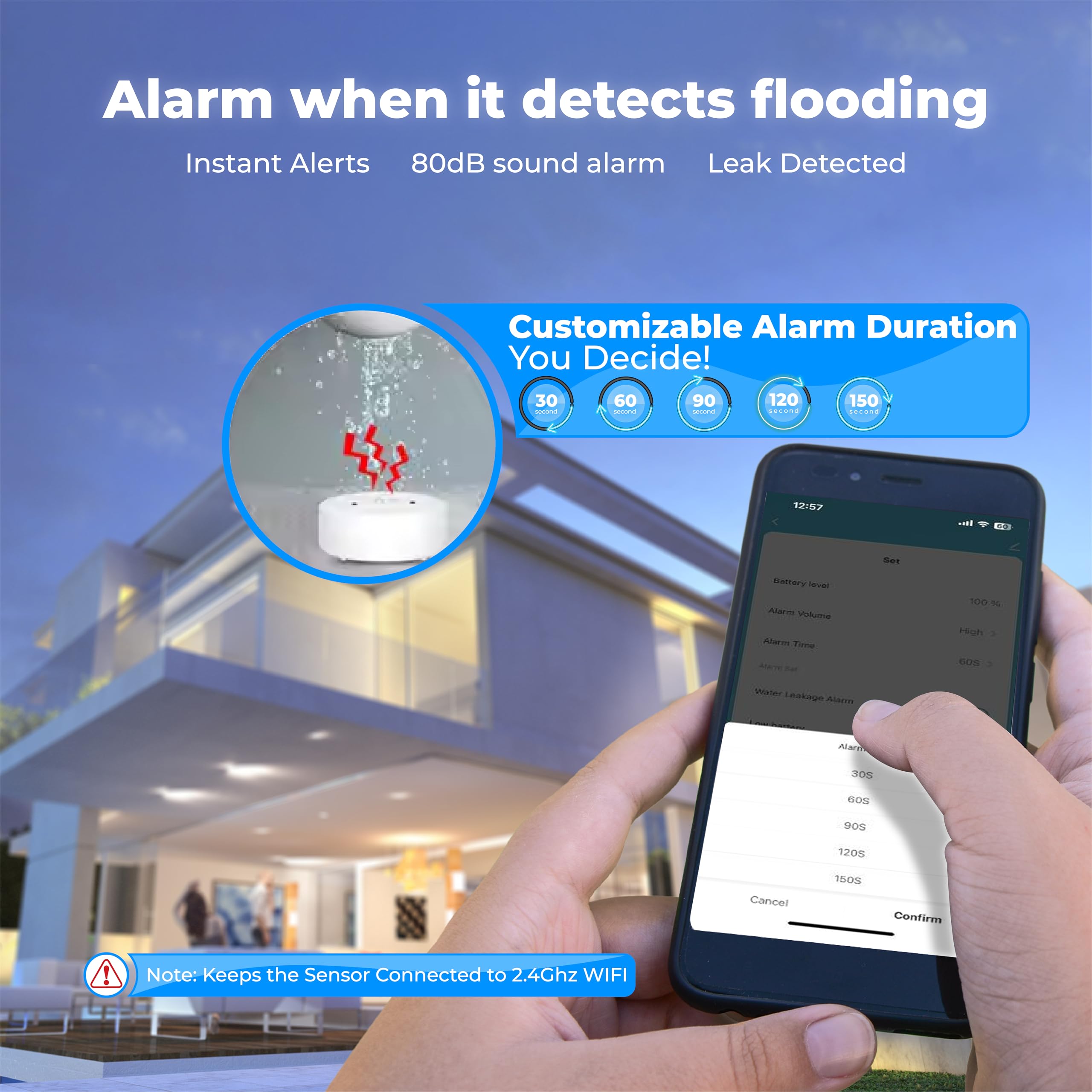 TUBY Detector de fugas de agua WiFi, no requiere concentrador, fácil instalación, sensor inteligente para el hogar, sótano, cocina, baño, sensor de humedad, inalámbrico, IP55, 80 dB, alarma de