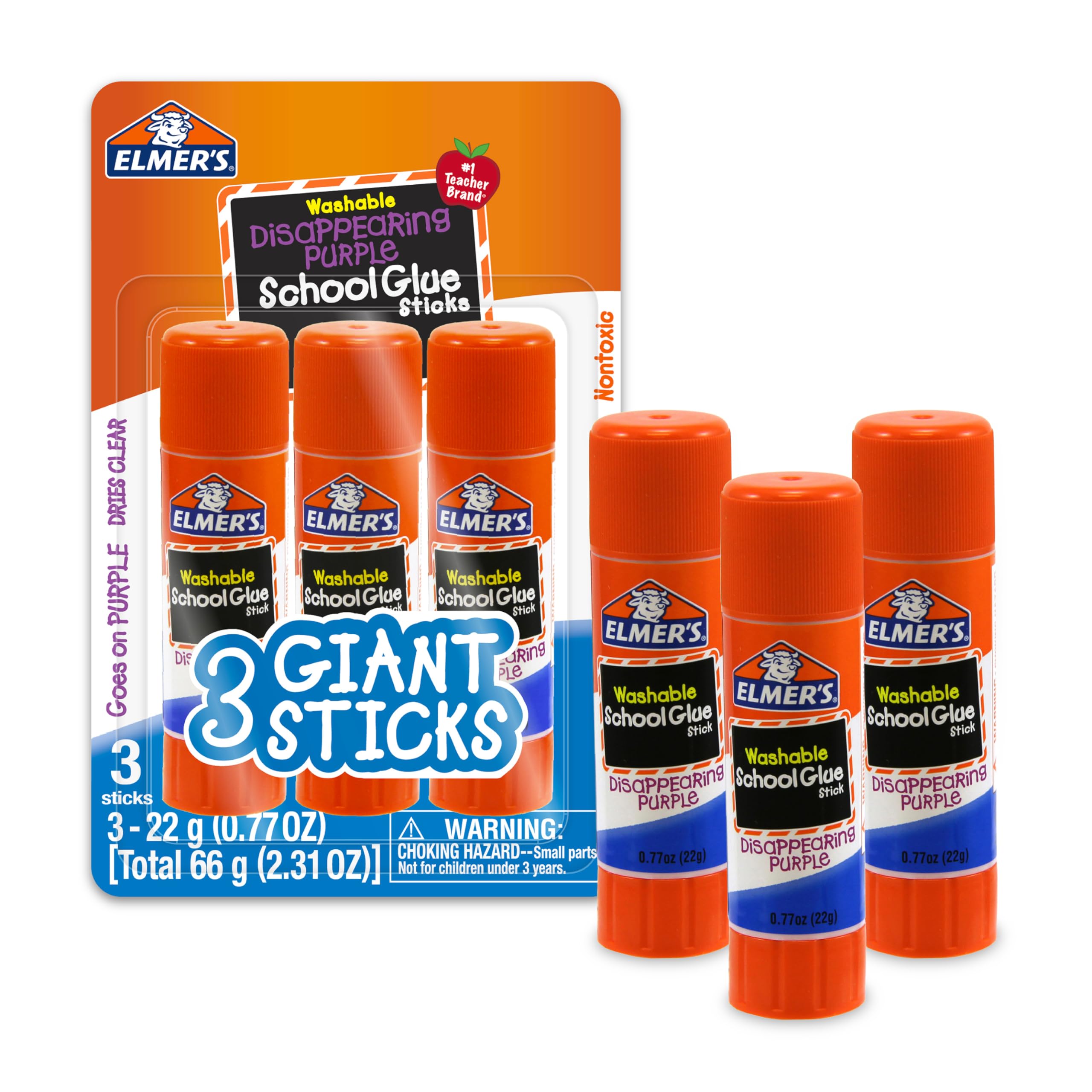 Elmer's Disappearing Purple School Glue Sticks  Washable  22 Grams  3 Count - Poster  Vision Board  Back to School Supplies  #1 Teacher Brand