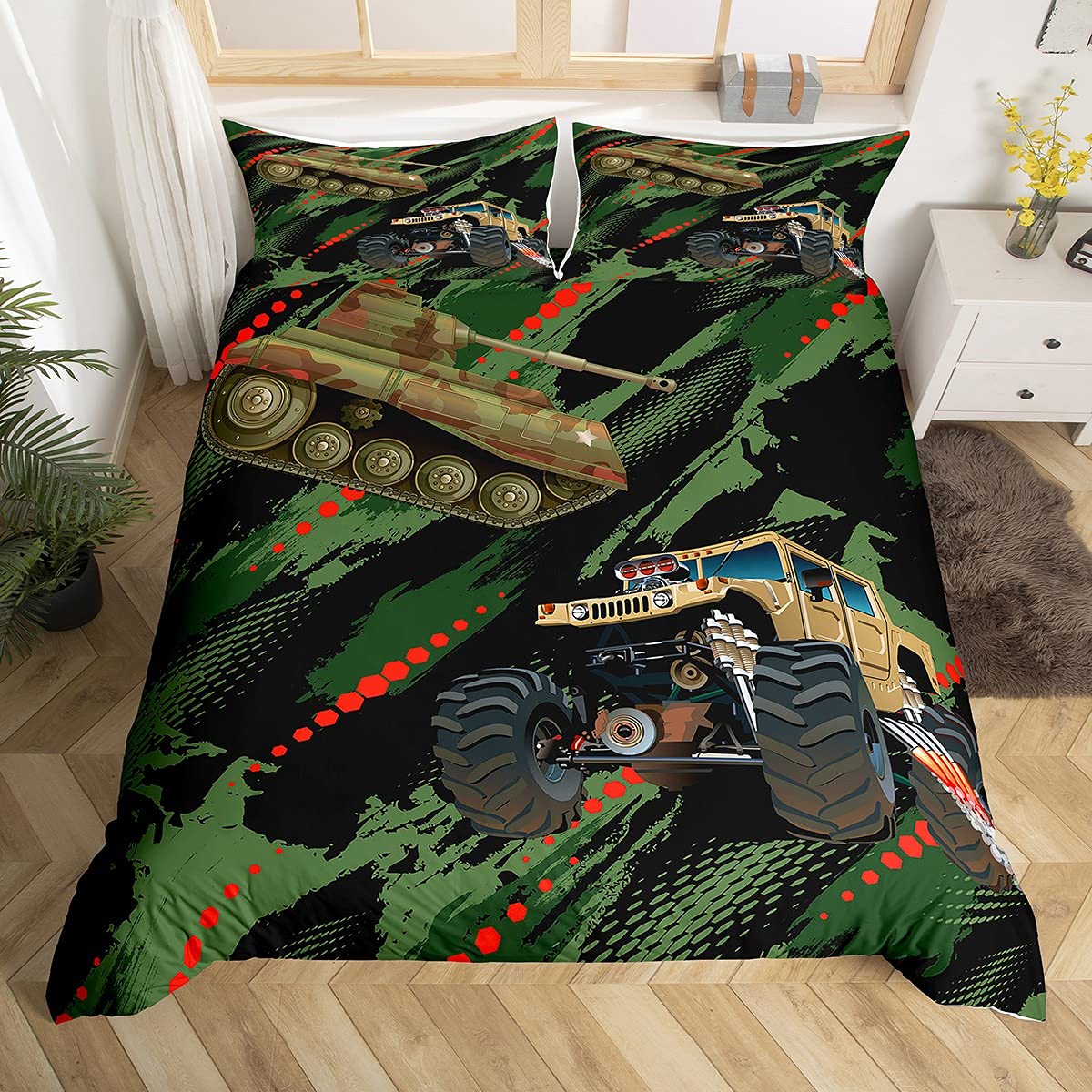 Kamuflaż, pokrowiec na zbiornik 155 x 220 cm, do sypialni dla chłopców, technika budowa, pojazd, traktor, ciężarówka, poszewka na kołdrę dla dzieci, nastolatków, modny zestaw pościeli z 1