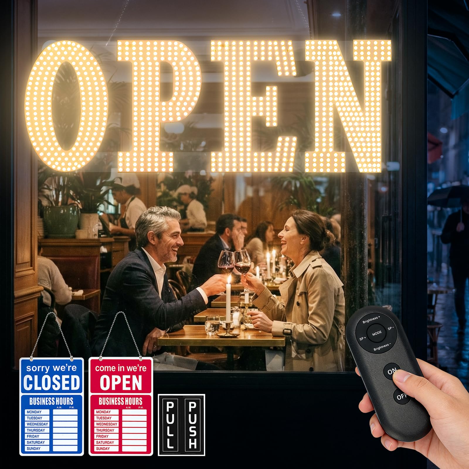 30"x10" Large LED Open Sign for Business - Unique Design super Bright Open Signs With chain - High Visibility for Stores, Bar, Hotel, Retail Shops,Window, Salon, Restaurant, Office (Warm White, 30*10inch)