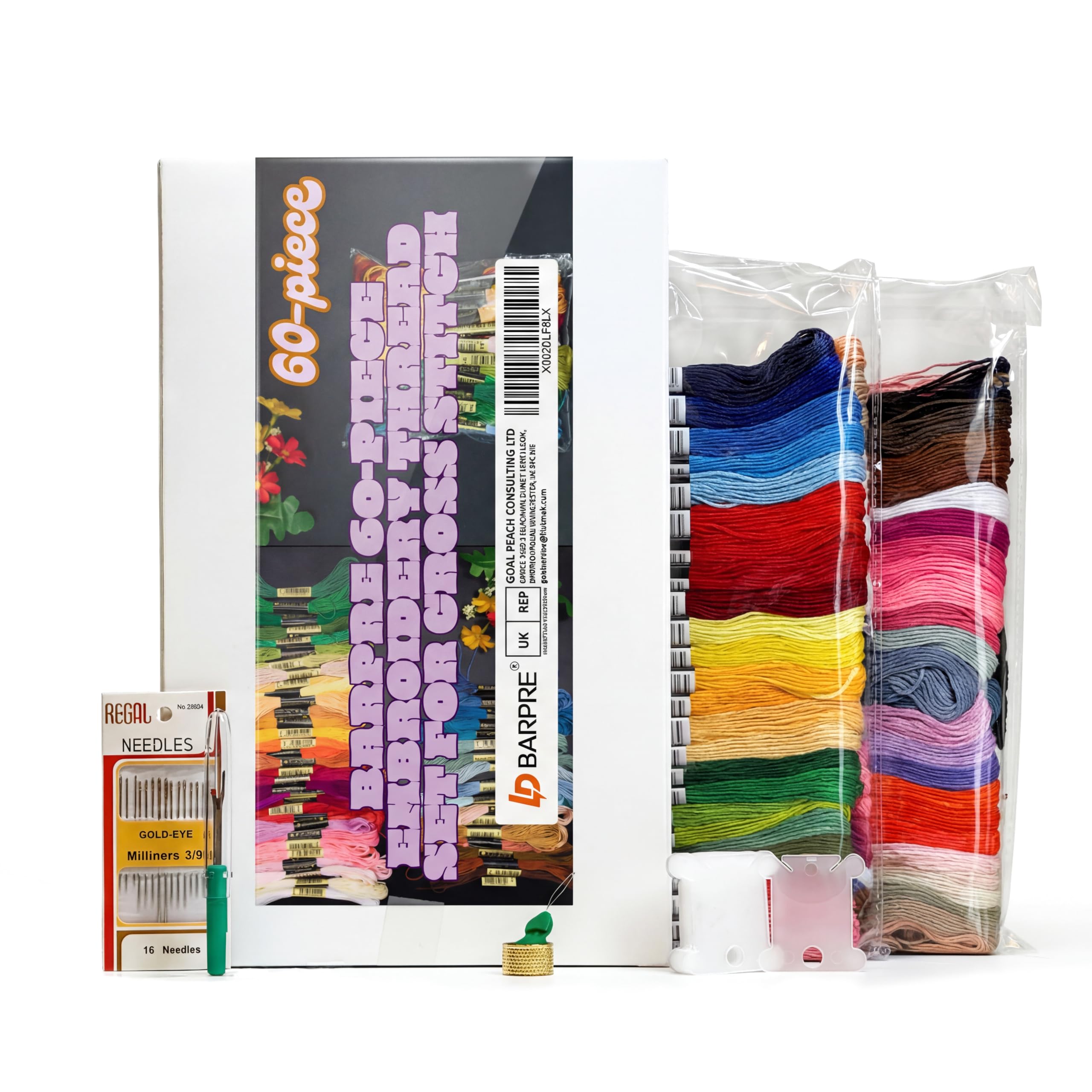 60 Skeins Embroidery Thread Kit - 50 Colours (48 Rainbow + 12 Extra Black & White) - Soft Cross Stitch Floss for Friendship Bracelets - Includes 16 Needles, 10 Bobbins, Ripper & Thimble