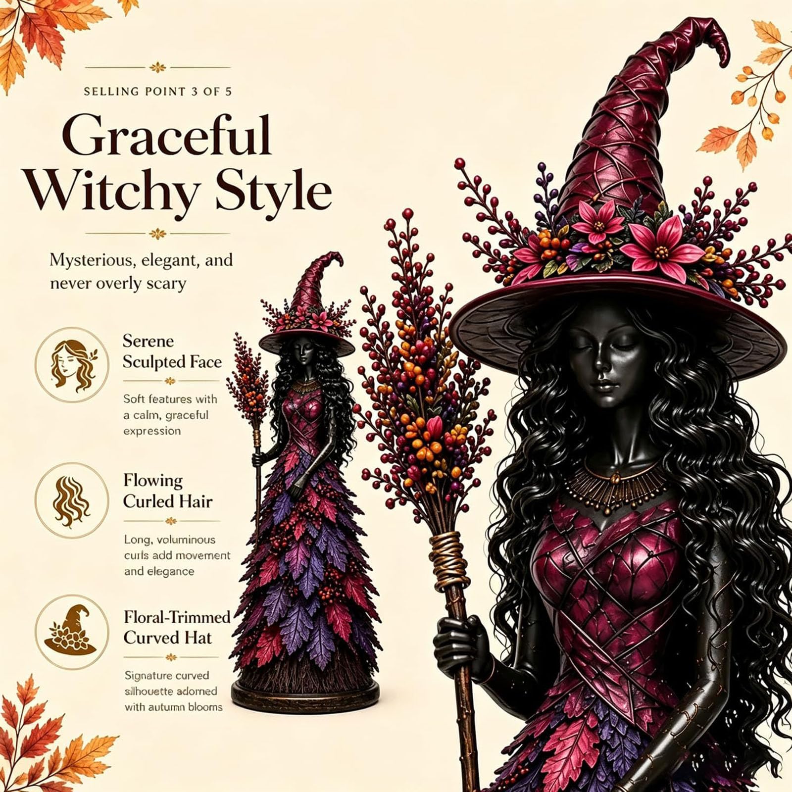 Generisch Verzauberte Herbsthexe-Figur, Herbsthexe-Halloween-Ornament, Blatt-Engel-Mädchen-Harz-Hausgarten-Dekoration für draußen, gotische saisonale Feen-Ernte-Dekoration für Zuhause (A#)