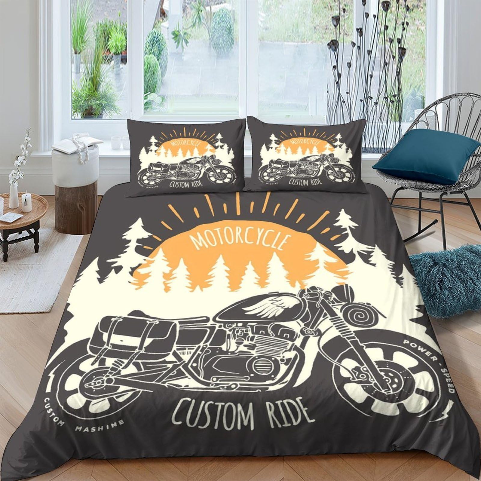Ctjqhvkz Style-6 3D Printed Vintage Motorcycle Fitted Sheet Microfiber Soft Breathable Forest Sunrise Bed Cover For Bedroom Guest Room Decor Single（135X200cm）