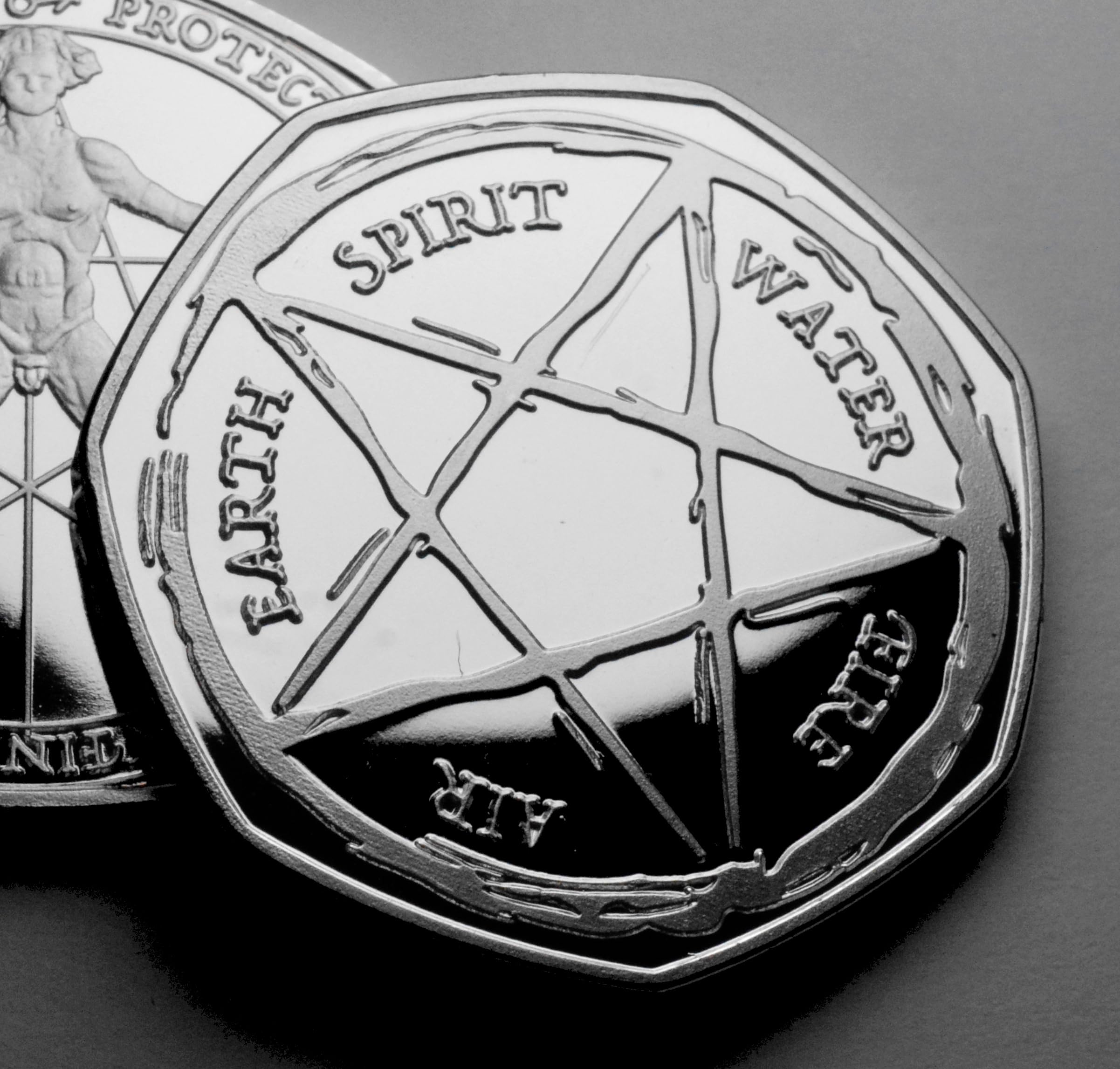 The Commemorative Coin Company MAGIC ELEMENTS Silver Commemorative. Pentagram, Circle of Life. Alchemy/Astrology. Energy/Life/Universe/Nature. Earth/Wind/Fire Gift/Present