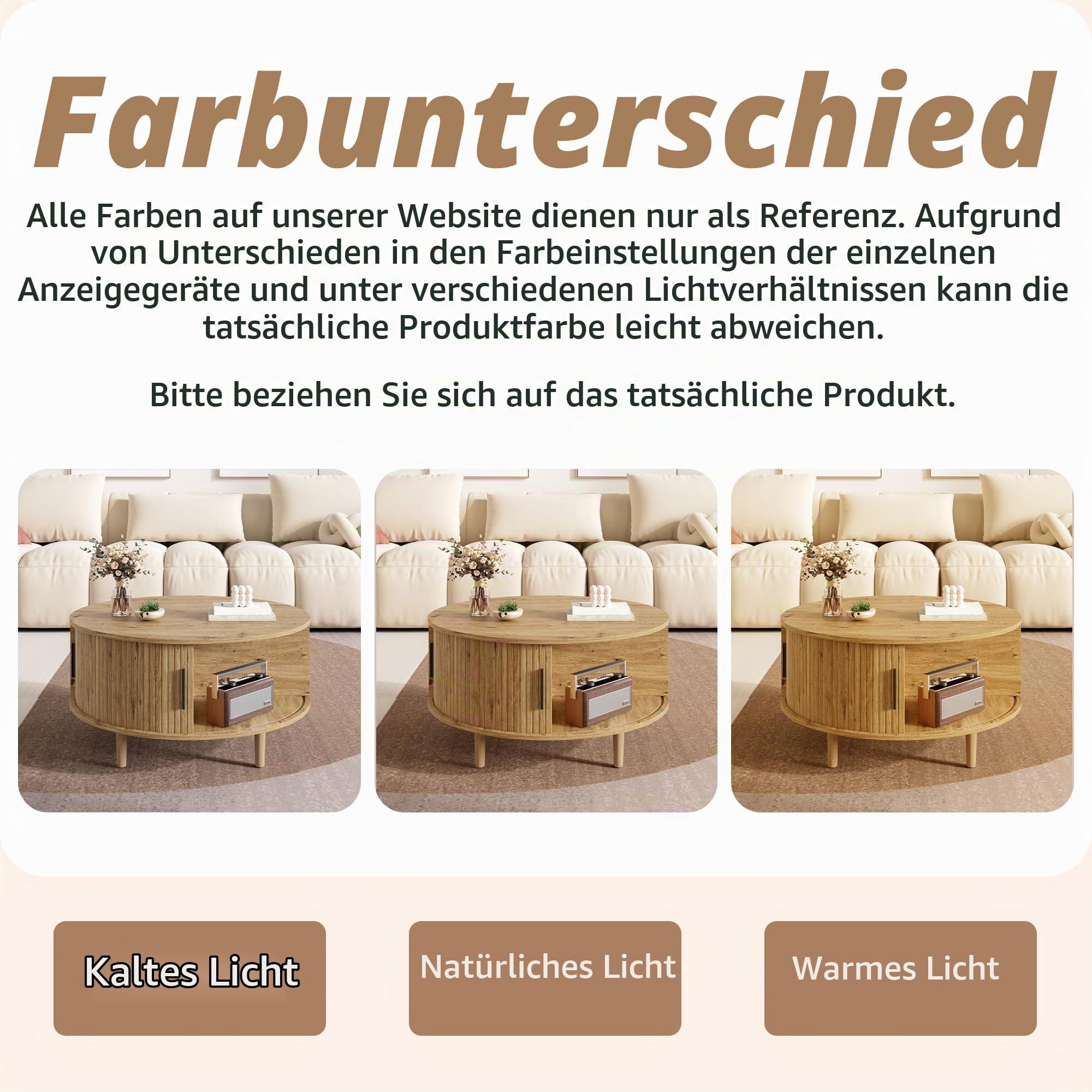 HAINEW Runder Couchtisch Wohnzimmertisch mit Höhenverstellbarer Tischplatte und Schiebetür, Sofatisch Beistelltisch Kaffeetisch mit Abgerundete Ecken, 80×80×59cm, HD26052604 (Eichenfarbe)