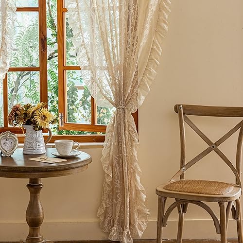 Miniatura 7 de Cortinas florales beige de 108 pulgadas de largo  Cortinas transparentes de encaje elegante para comedor, 60s 70s retro flor volantes privacidad