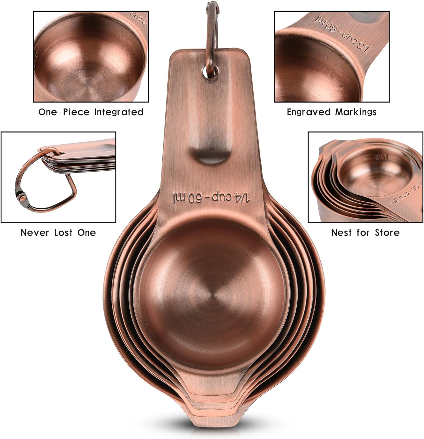 Copper Measuring Cups and Spoons Set 17, 7 Stainless Steel Measuring Cups&9 Long Hanlde Narrow Measuring Spoons for Spice Jar&Leveler, Kitchen Metric&US Measure Cup Spoons for Dry and Liquid