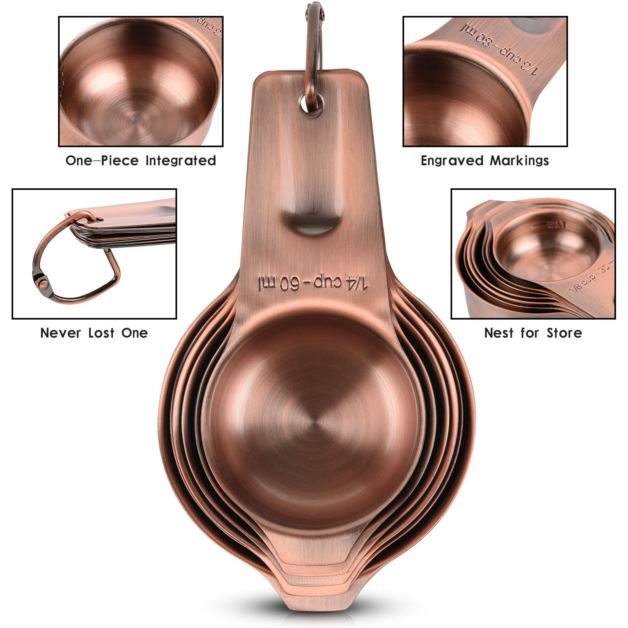 Kupfer-Messbecher und Löffel-Set, 17, 7 Edelstahl-Messbecher und 9 lange schmale Messlöffel für Gewürzgläser und Nivellierer, Küche, metrische und US-Messbecher für trockene und flüssige