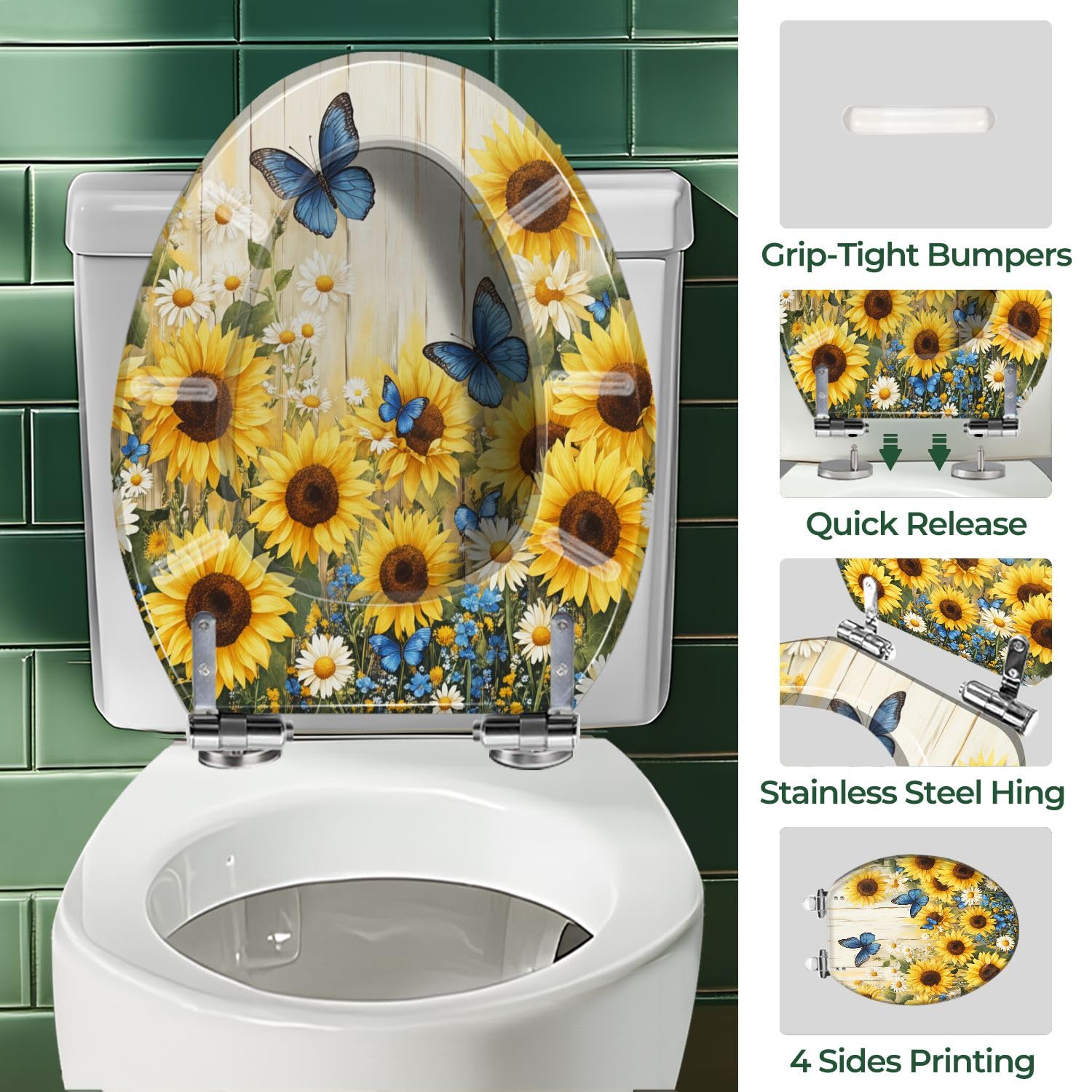 Asiento de inodoro alargado con bisagras de cierre suave y liberación rápida. Decoración rústica para baño.