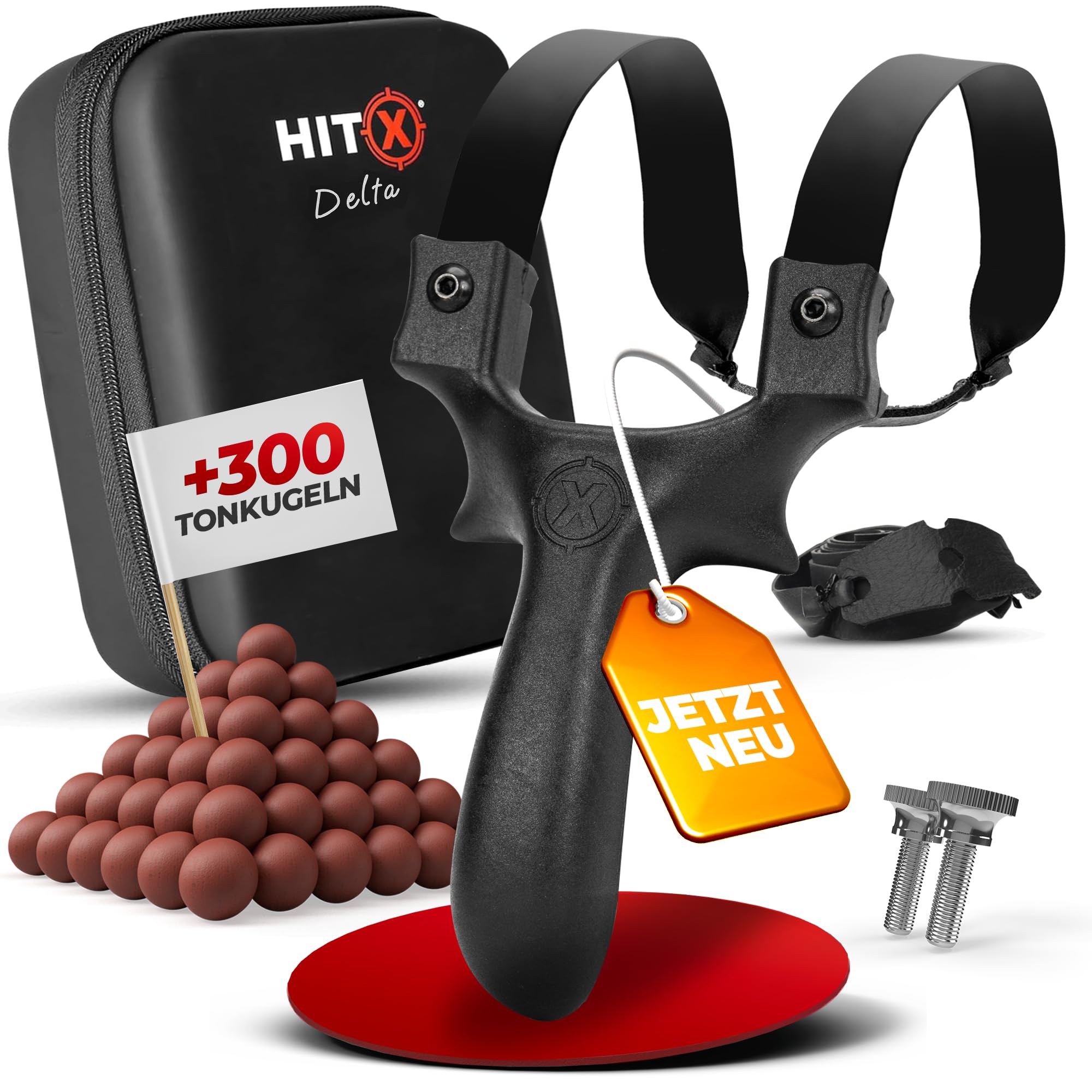 HITX Steinschleuder Profi Set [Delta] | Ergonomische Zwille für Erwachsene mit 300 Tonkugeln & 2 Gummibändern | Slingshot Schleuder zum sofort loslegen inklusive praktischer Aufbewahrungstasche
