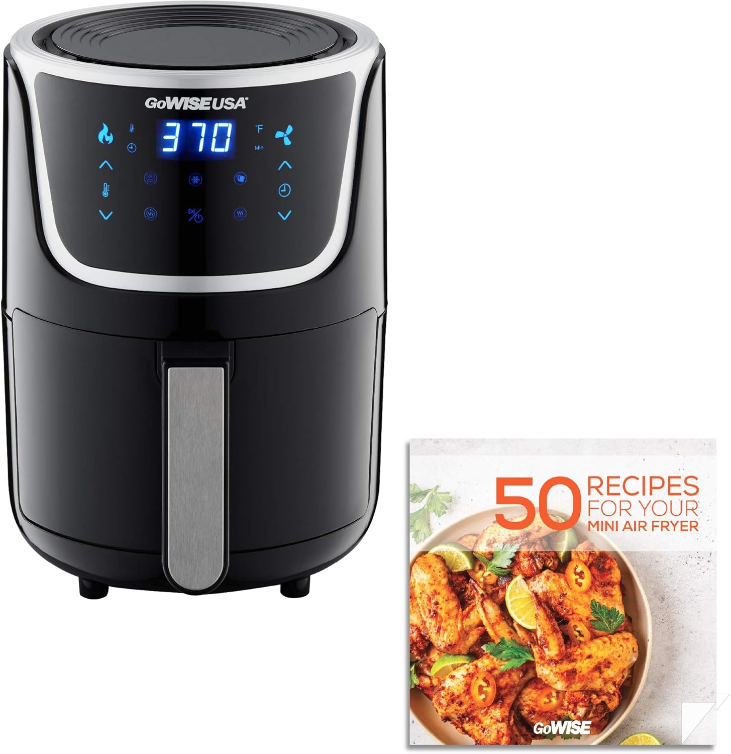 GoWISE USA Electric Mini Air Fryer with Digital Touchscreen + Recipe Book, 1.7-Qt up to 2 Qt Max, Black/Silver