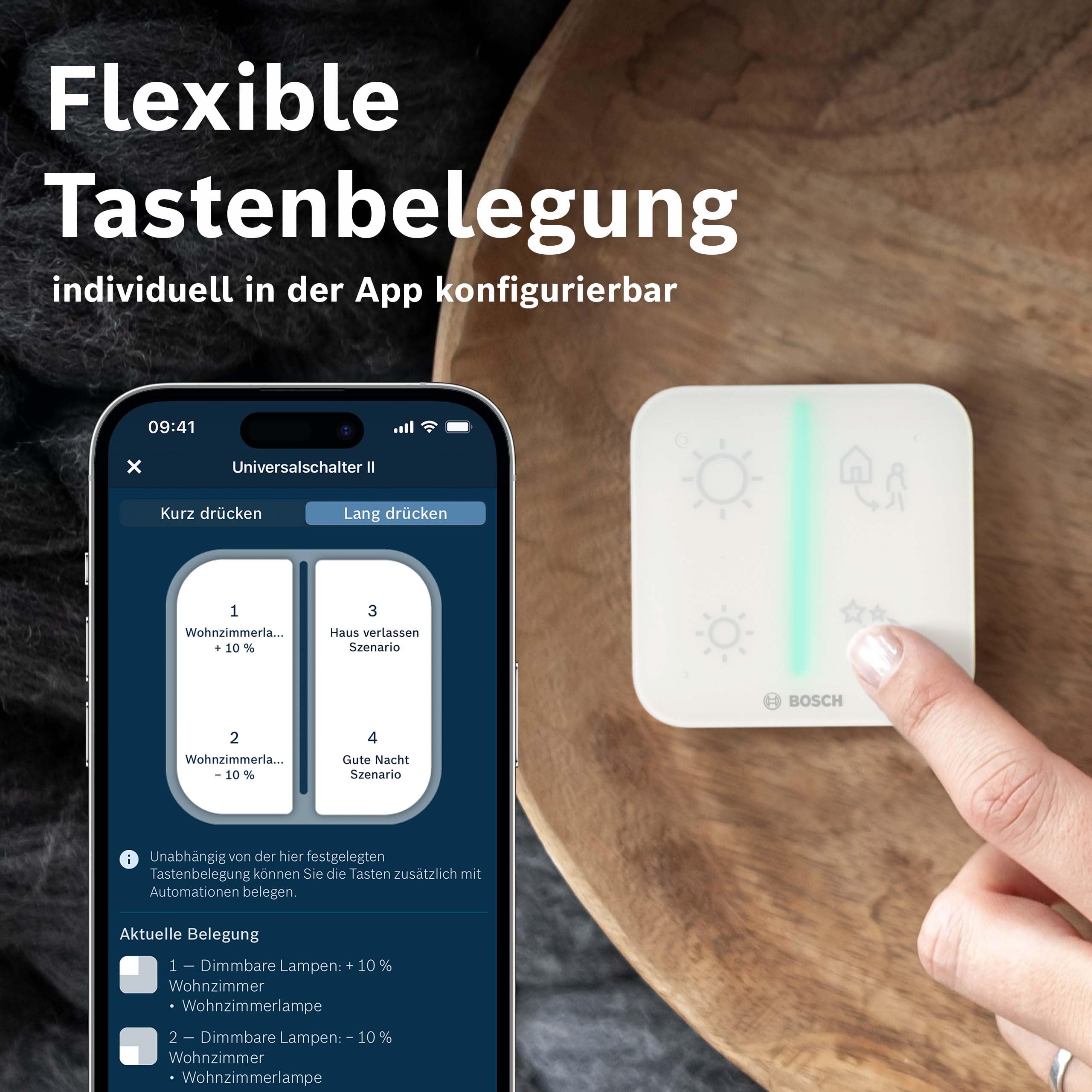 Bosch Smart Home Universalschalter II, zur einfachen Steuerung smarter Geräte, konfigurierbar für 4 belegbare Tasten, Keypad-Funktion für codegeschütztes Aktivieren und Deaktivieren des Alarmsystem