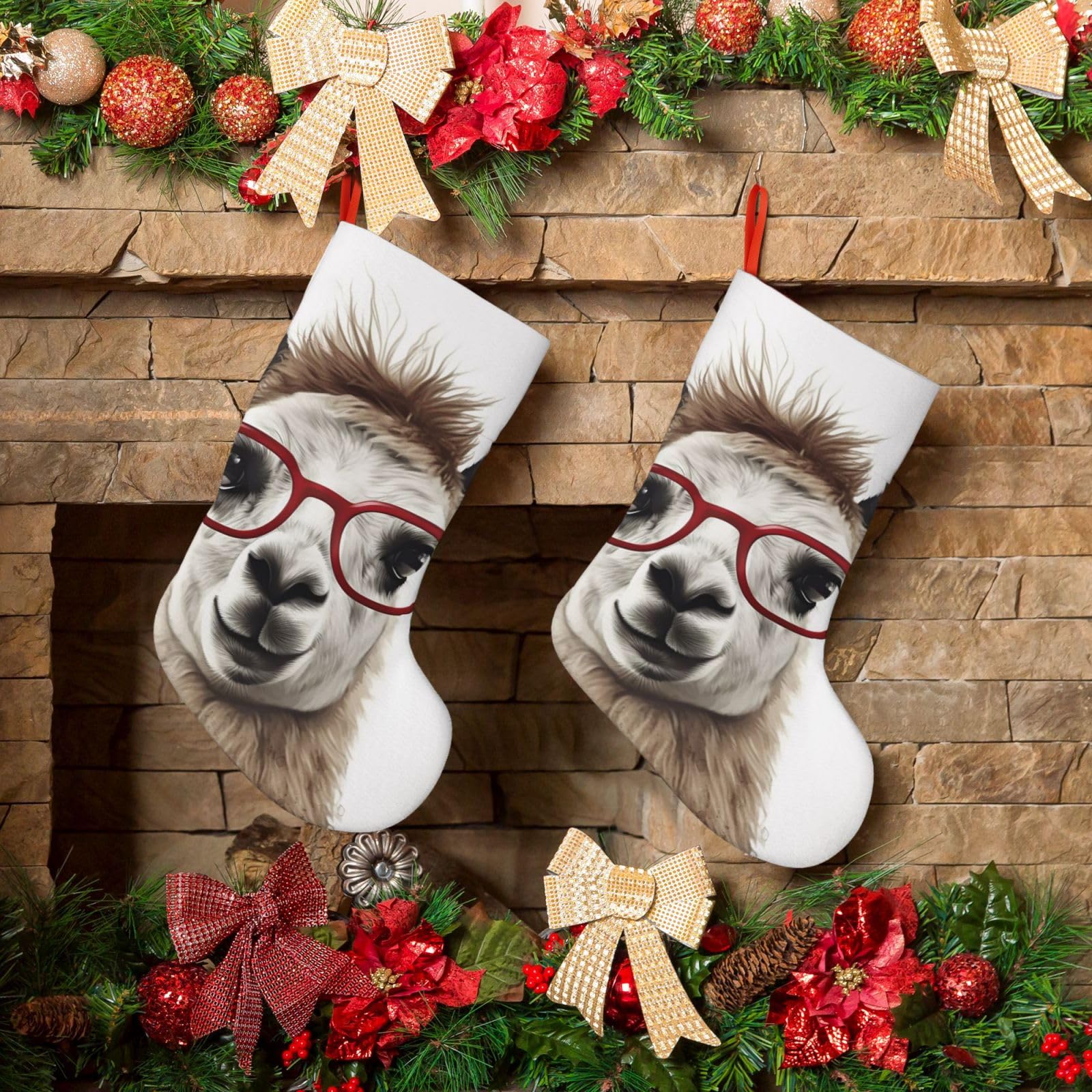Llama with Glasses Christmas Stockings 18 Inches Velvet Xmas Fireplace Hanging Stocking Rustic Christmas Santa Stockings for Home Christmas Decorations Party Favor Supplies