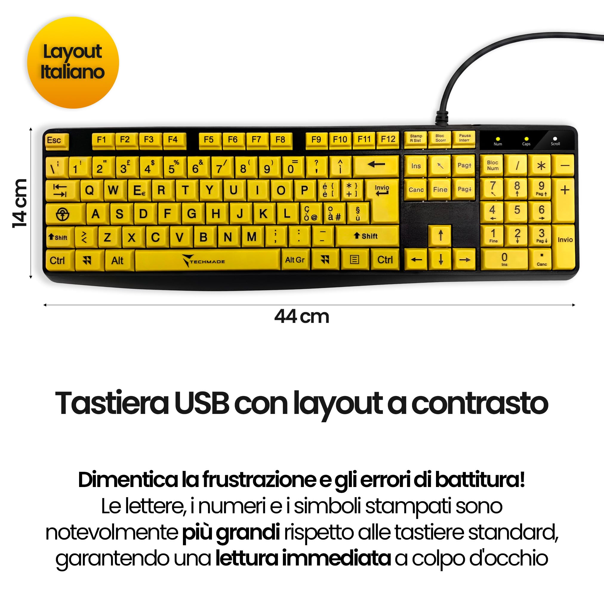 TECHMADE Tastiera per computer con filo per non vedenti (con lettere grandi), USB 2.0 ad alto contrasto con lettere di stampa sovradimensionate su sfondo giallo per persone ipovedenti e anziane