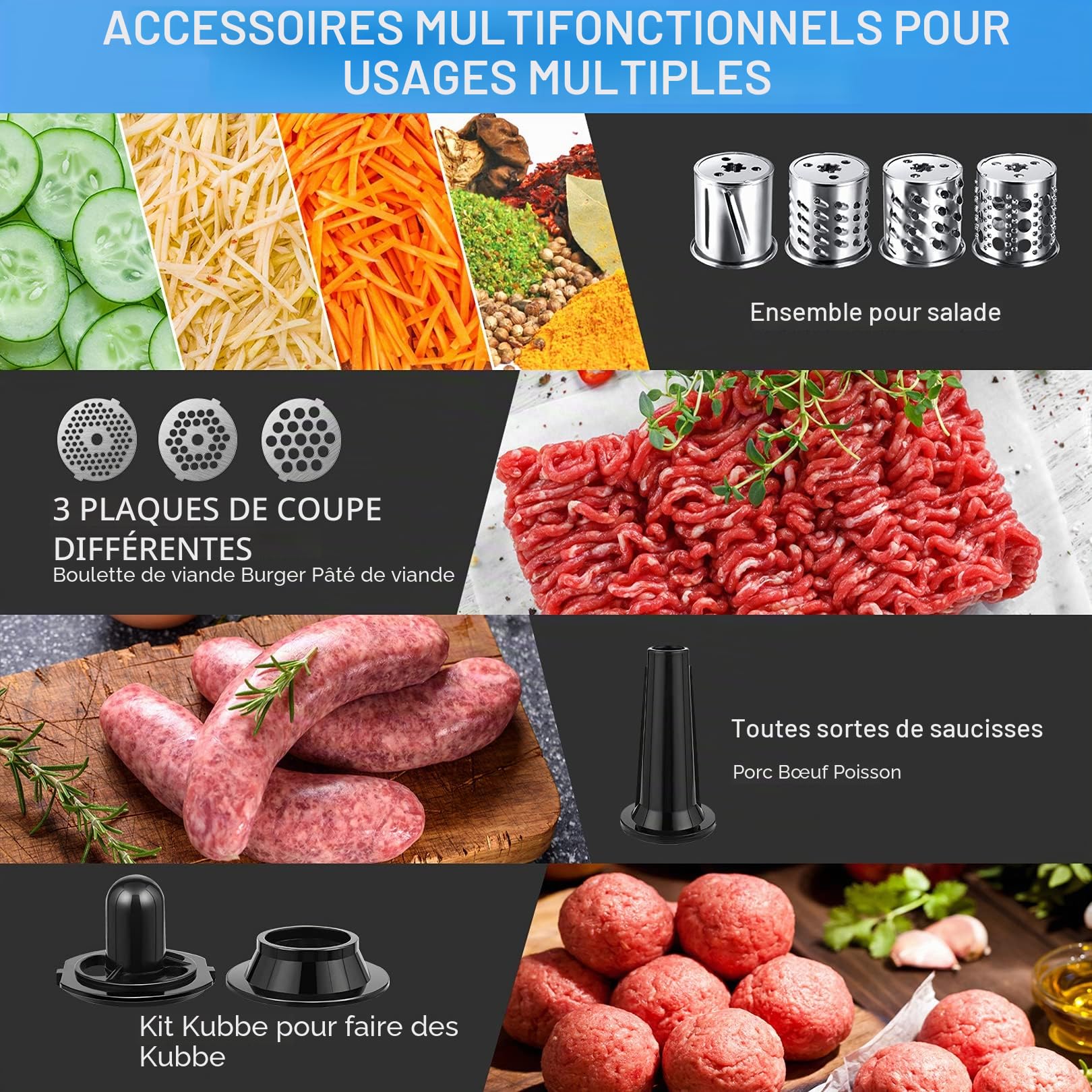 COOCHEER Hachoir à viande électrique, Multifonction Hachoir à viande Hachoir 5 EN 1 avec 3 disques perforés, 4 lames, accessoires pour saucisses et kibbe pour cuisine domestique & viande