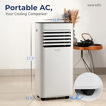 SereneLife 10000 BTU Portable Air Conditioner - Free-Standing A/C Unit w/Cooling, Dehumidifier & Fan, Energy Efficient, 320 Sq. Ft. Coverage, Includes Window Mount Kit & Wheels, 11x11x27 IN (White)