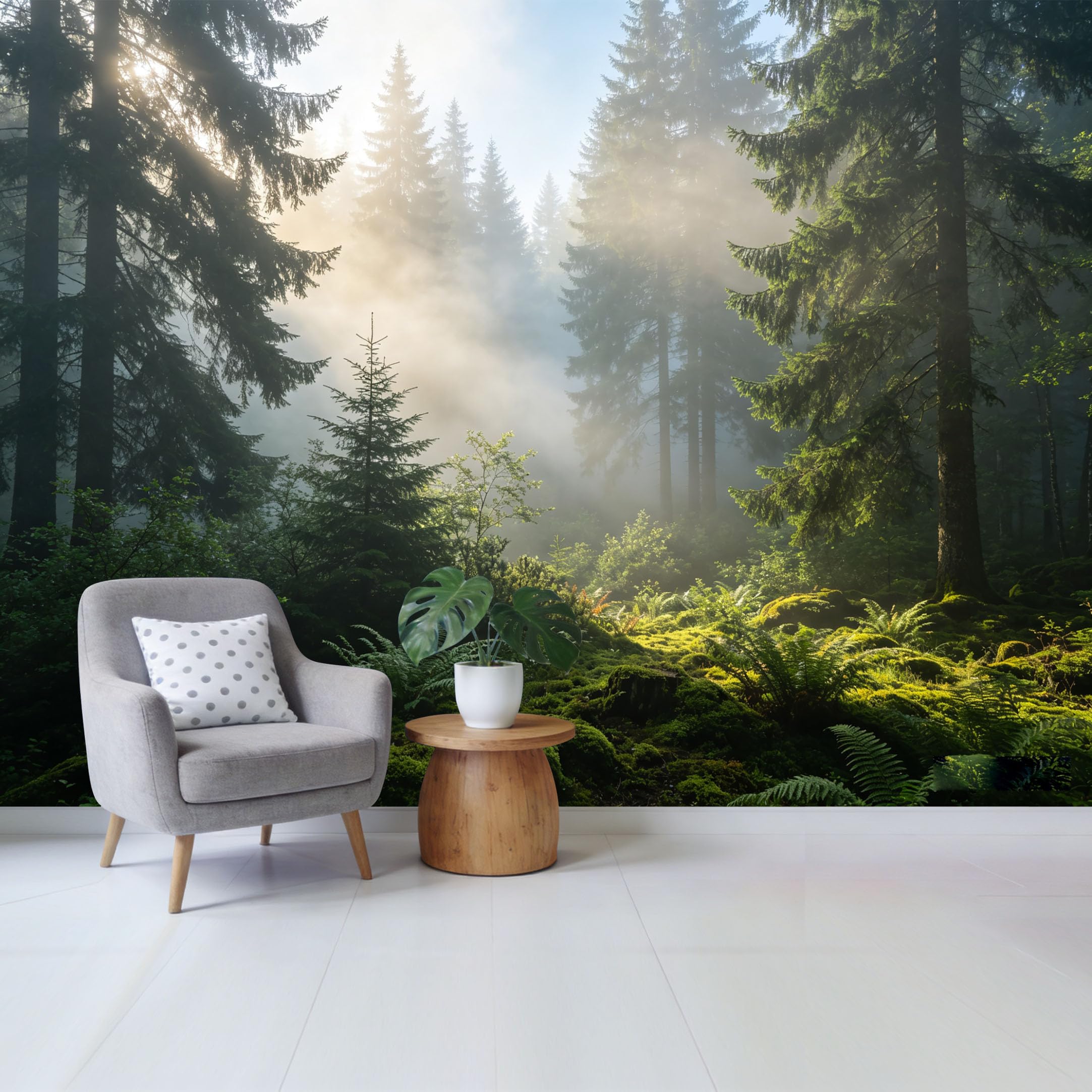 Qzlithotic Yq2605250344 Custom Size Wall Mural Misty Morning Pine Forest Sunlight Through Trees Botanical Landscape Selfadhesive Wall Fabric Removable Wallpaper For Home Office Decor