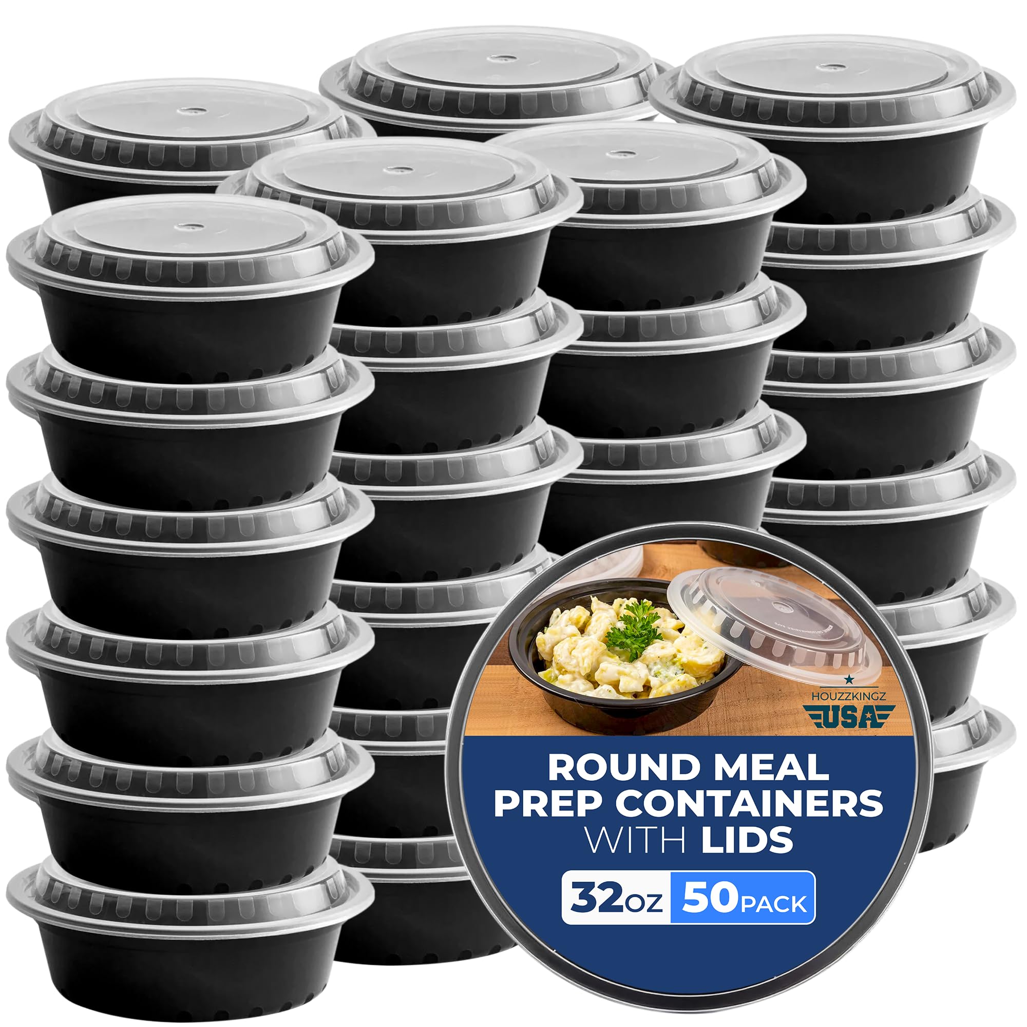 Cuencos desechables de 32 onzas con tapas, 50 cuencos redondos de plástico aptos para microondas para preparar comidas y ensaladas, recipientes desechables para llevar con tapas, recipiente de