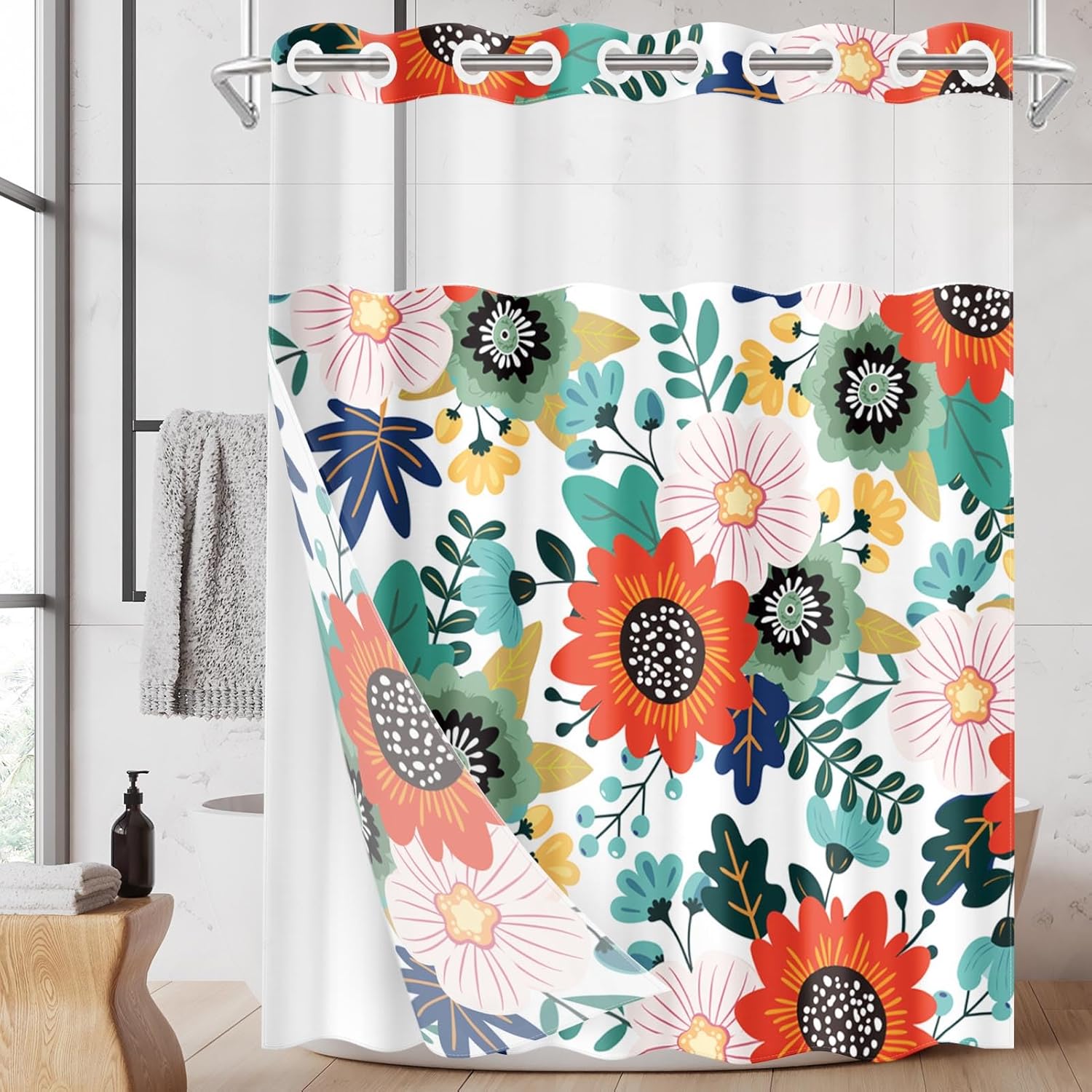 No Hook Boho Floral Shower Curtain with Snap in Fabric Liner Set, Modern Colorful Flower Double Layers Waterproof Fabric with See Through Top Window Open Grommet Bath Curtain 71x74 Inch