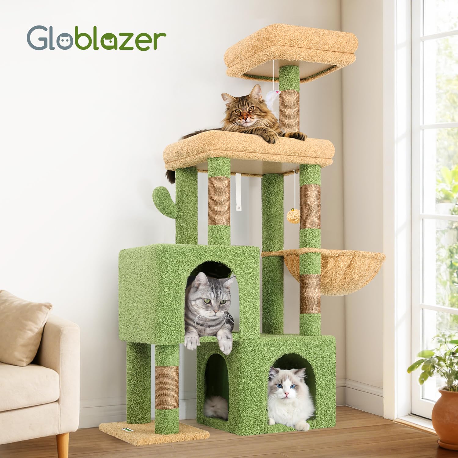 Globlazer Rascador para Gatos Cactus Verde con 2 Nidos, Plataformas Acolchada, Zitstang, Cesta, Peluche Juguete, Árbol Rascador Estable Alto 134 cm para Gatito Gato Viejo (S52, Verde)