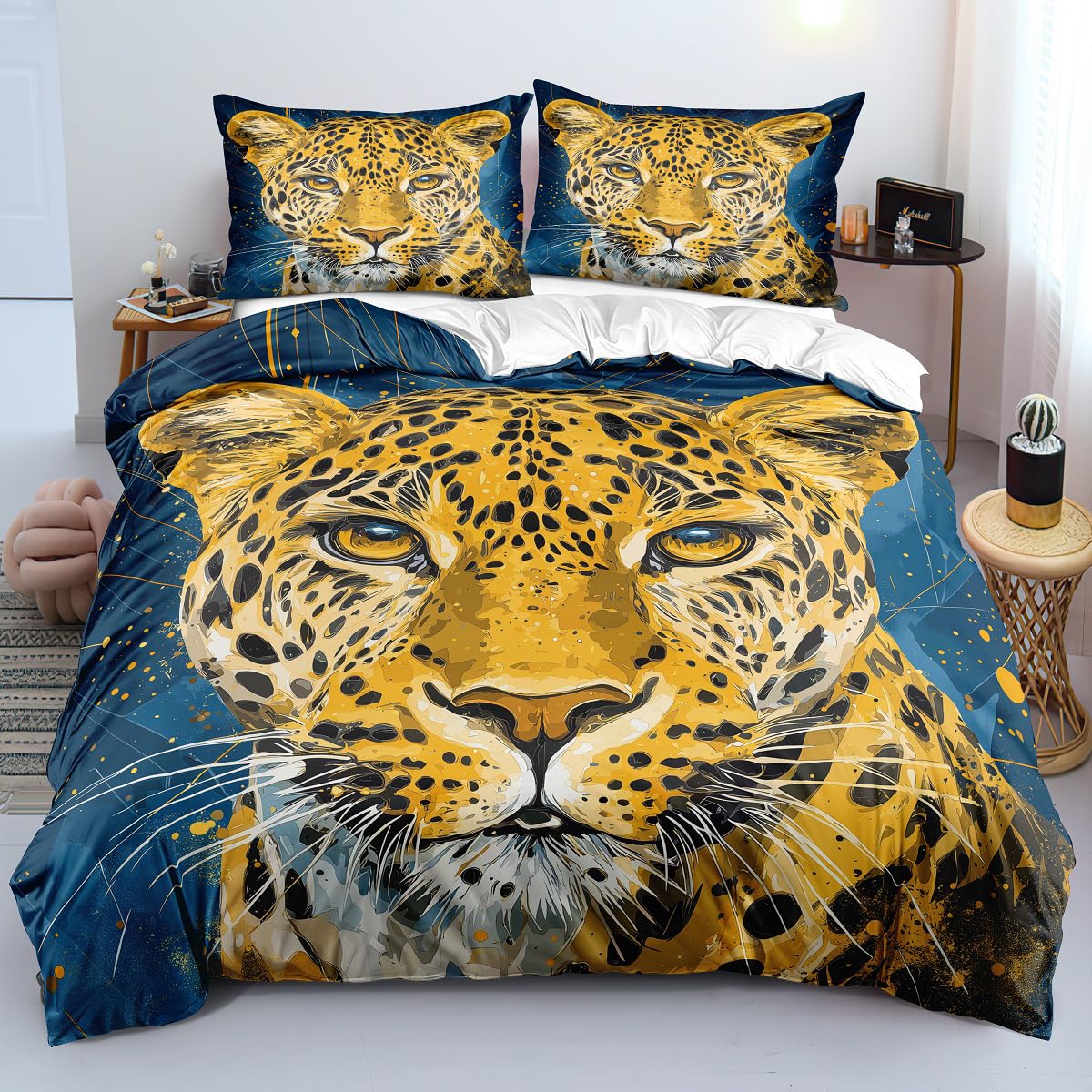 Housse de Couette 240x220 Guépard avec parure de lit léopard 3D pour grand lit