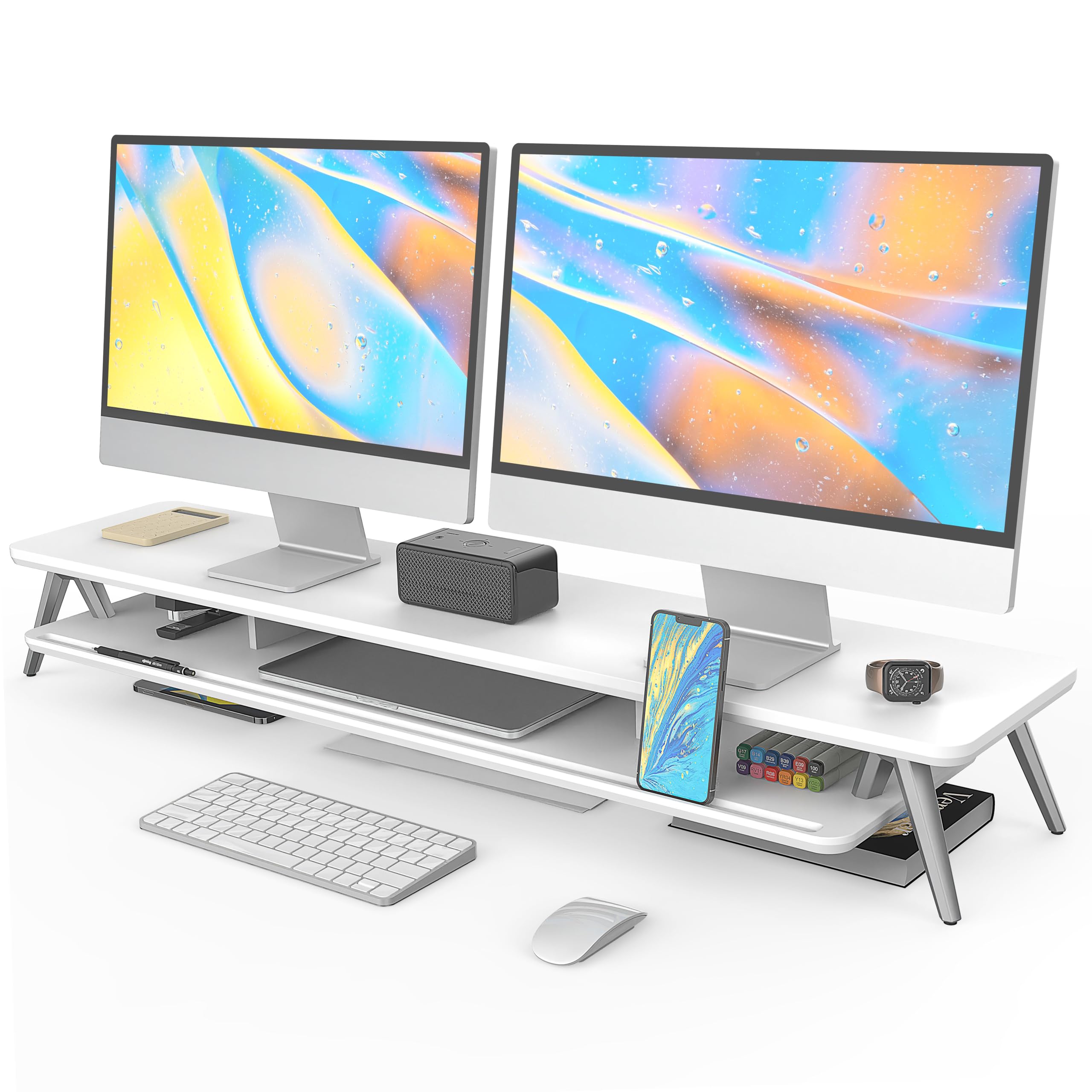 Fenge 108 cm Computer Monitor Riser - 2 Levels Large Wooden Monitor Stand - Computer Stand, Monitors, TV, PC, Printer - 50kg Load (White)