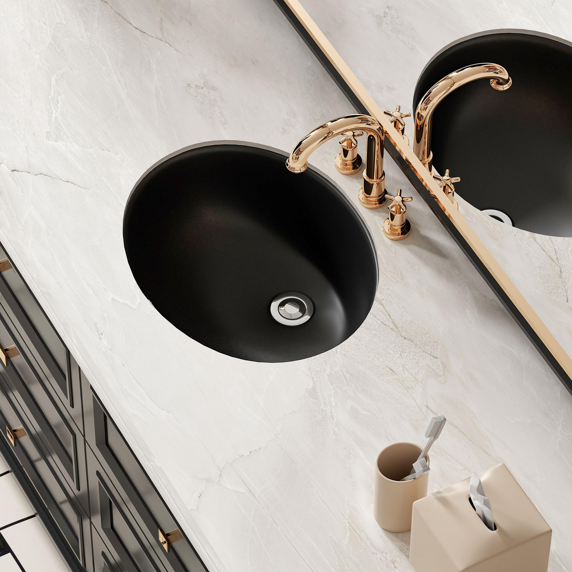 Fregadero de baño empotrado ovalado SmartSylva, 37,5 cm x 29,2 cm (Tamaño interior) Fregadero de baño ovalado de porcelana de cerámica bajo montaje con desbordamiento, negro mate