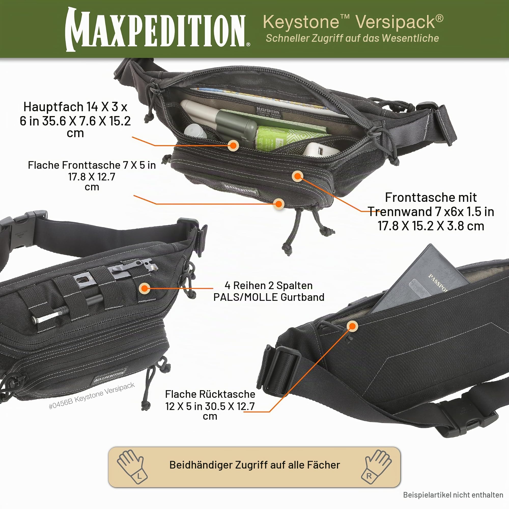 Maxpedition Keystone Versipack (35,6 x 15,2 x 15,2 cm), Taktische Umhängetasche, Bauchtasche für den täglichen Gebrauch, Schwarz 0456B