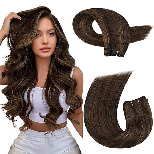 Moresoo Extensiones de cabello humano de 22 pulgadas, doble trama, cosidas, extensiones de cabello humano castaño oscuro con mechas de cabello