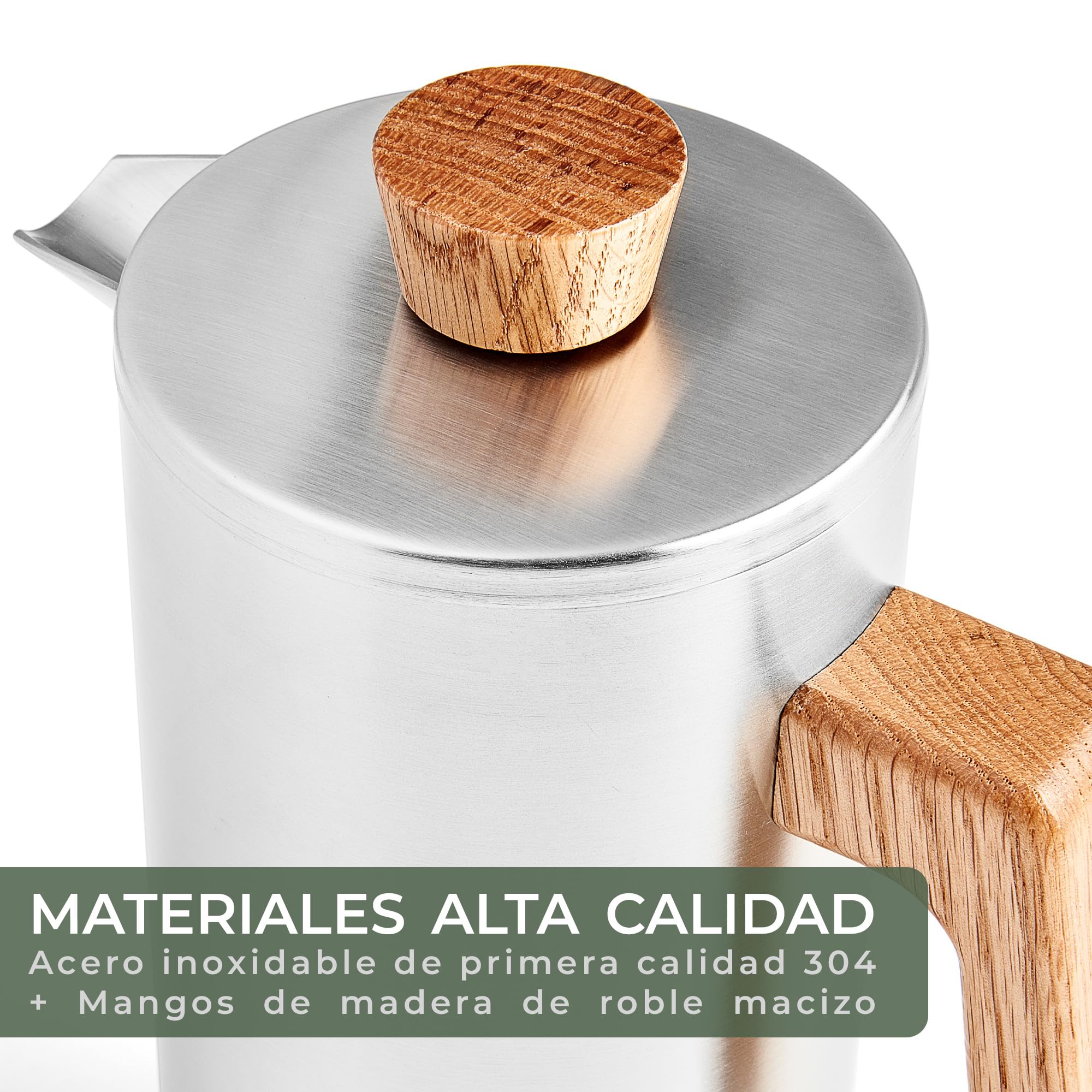 WALDWERK French Press (1L) - Cafetera francesa de acero inoxidable de doble pared con mango de madera de roble - Cafeteras de émbolo - Prensa francesa sin plástico - Cafetera manual