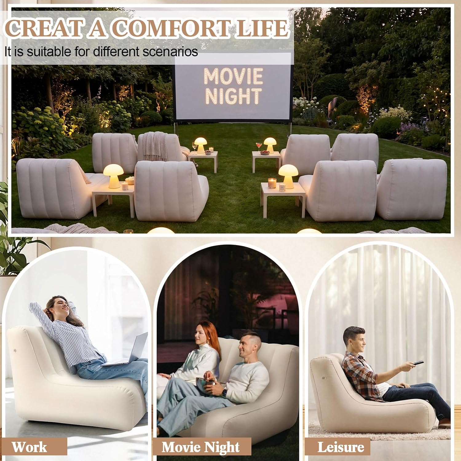 12 Pcs Inflatable Chairs Blow up Couch with Pump,Beige