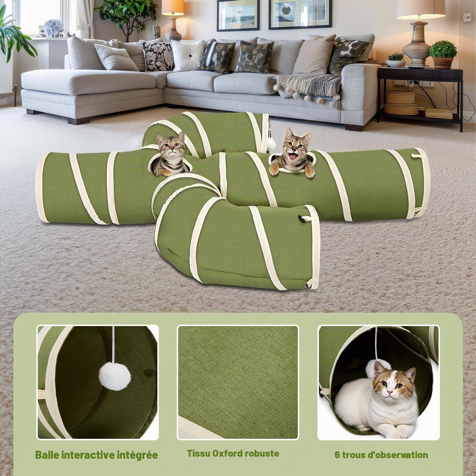 Ownpets Tunnel pour chat - Grand cactus - 4 voies - Avec tissu Oxford robuste - Pliable et indéchirable - Diamètre : 25 cm - Vert