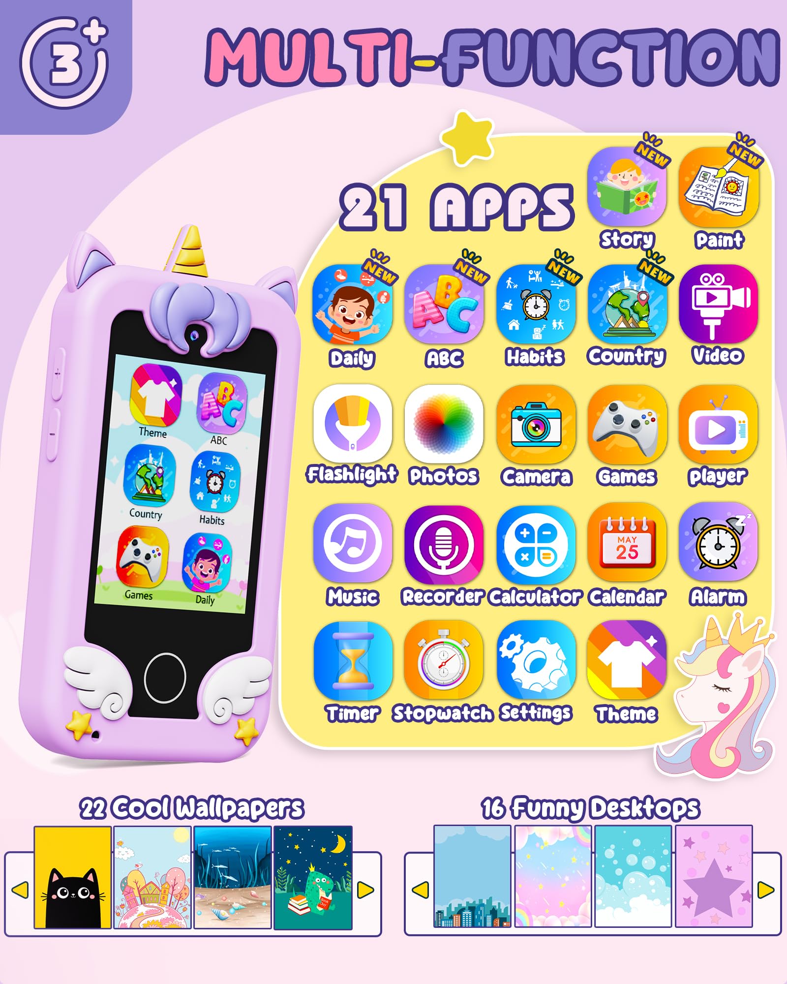 UCIDCI Téléphone Enfant Jouet pour Fille 3-7 Ans, Baby Phone avec Caméra Double, Téléphone Portable pour Enfant Jeux Éducatif 3 Ans, Lecteur MP3 Jouet Enfant 3 Ans Cadeau Enfant Anniversaire (Violet)