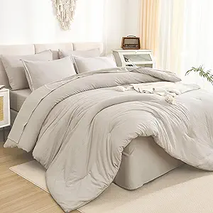 Litanika California King Comforter Set Linen - 7 Pieces Bed in a Bag Cal King Bedding Comforter Sets, Plain Lightweight Bed Set with Comforter, Sheets, Pillowcases & Shams
