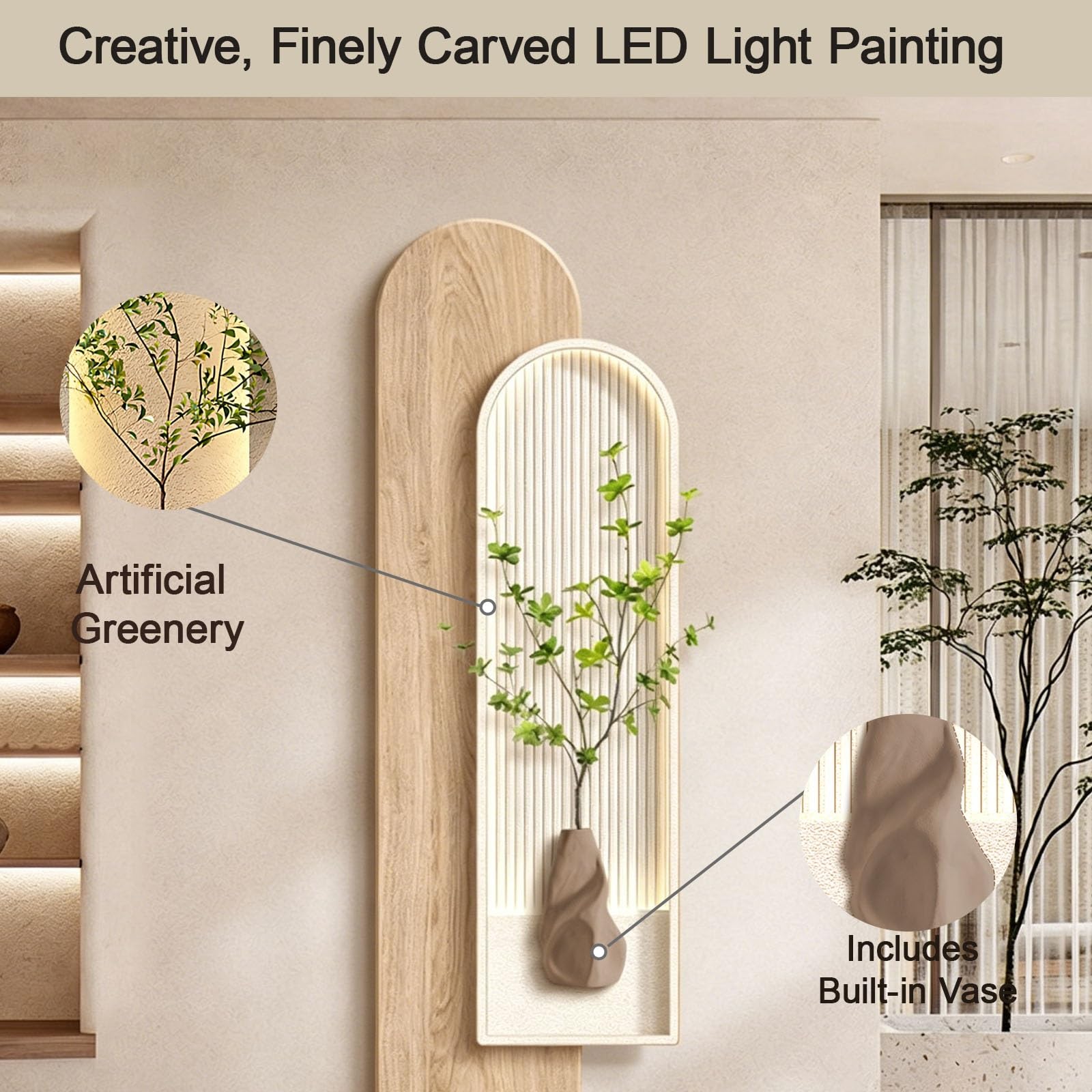 MDEUFYWEGB UV-Kristallkeramik-3D-Wandkunst – Hängendes, LED-beleuchtetes Wandbild mit simulierten Grünpflanzen; moderne Wanddekoration für das Wohnzimmer.(A,35 * 100CM/13.8 * 39.4IN)