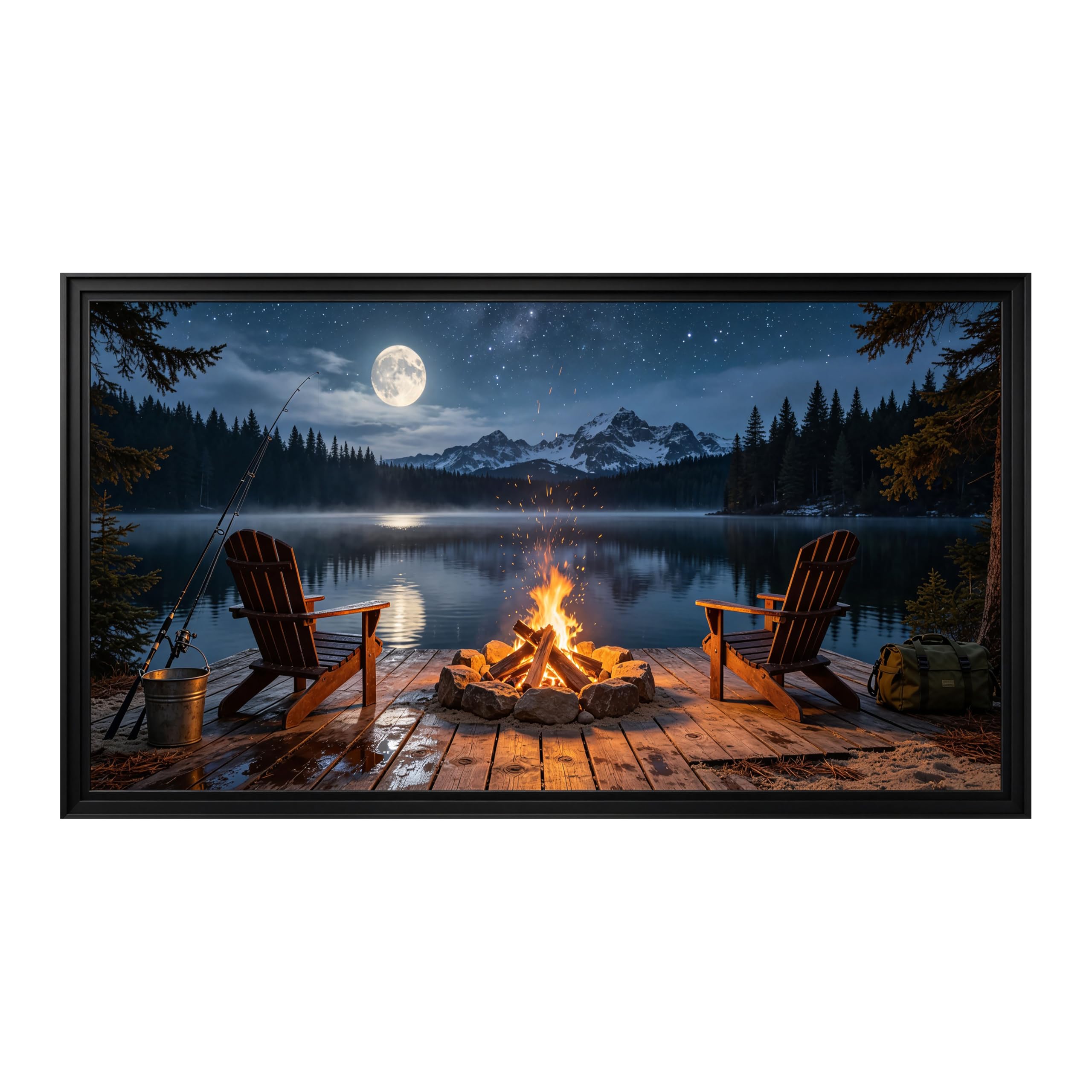 Yzpallescene Art260711240 3D Framed Wall Art Moonlit Lake Mountain Campfire Rustic Landscape Large Size Selfadhesive Removable Wall Decor Prints Artwork For Living Room Bedroom Office