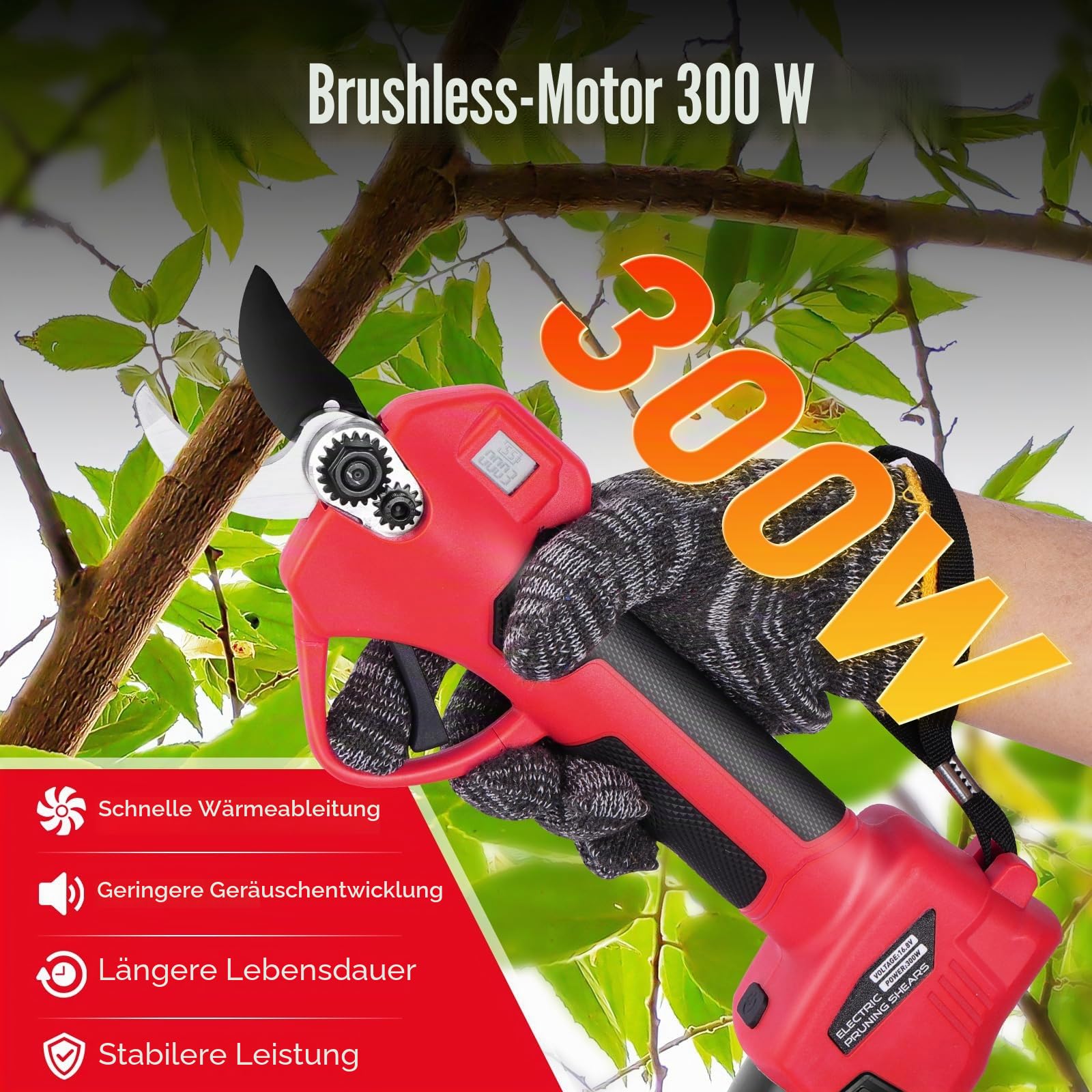 Akku-Gartenschere mit 2 x 2000 mAh Bateria | Bürstenloser Motor, LCD‑Ladestand, Leicht, Rutschfester Griff, – für Obstgarten, Weinberg, Hecken