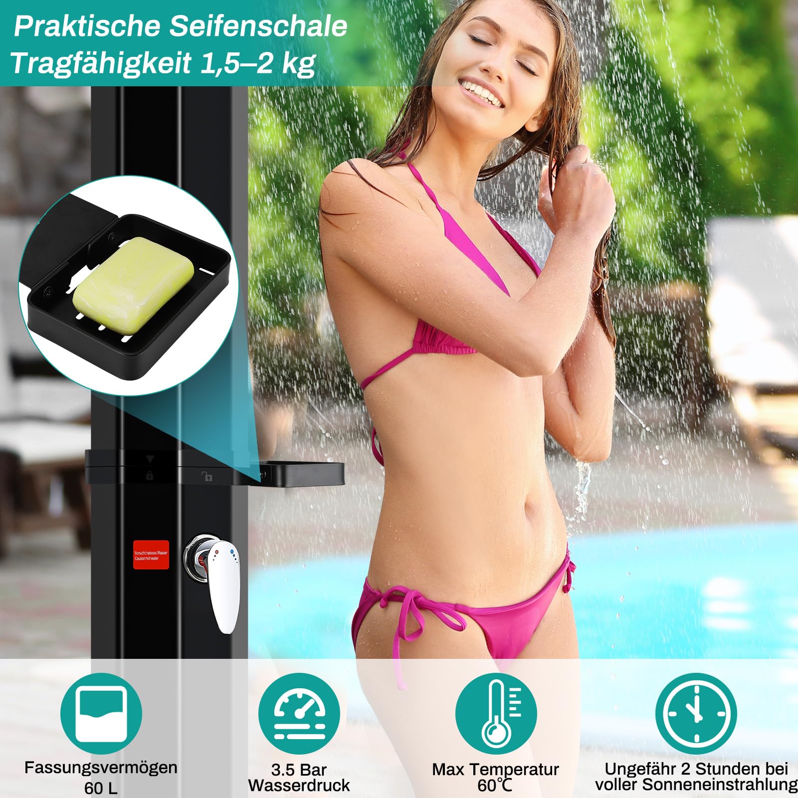 Ducha Solar 60 litros, Ducha de Jardín con Cabezal de Ducha, Grifo, Caja de Jabón y Cubierta Protectora, Temperatura del Agua hasta 60°C, Ducha de Piscina Camping sin Conexión Eléctrica