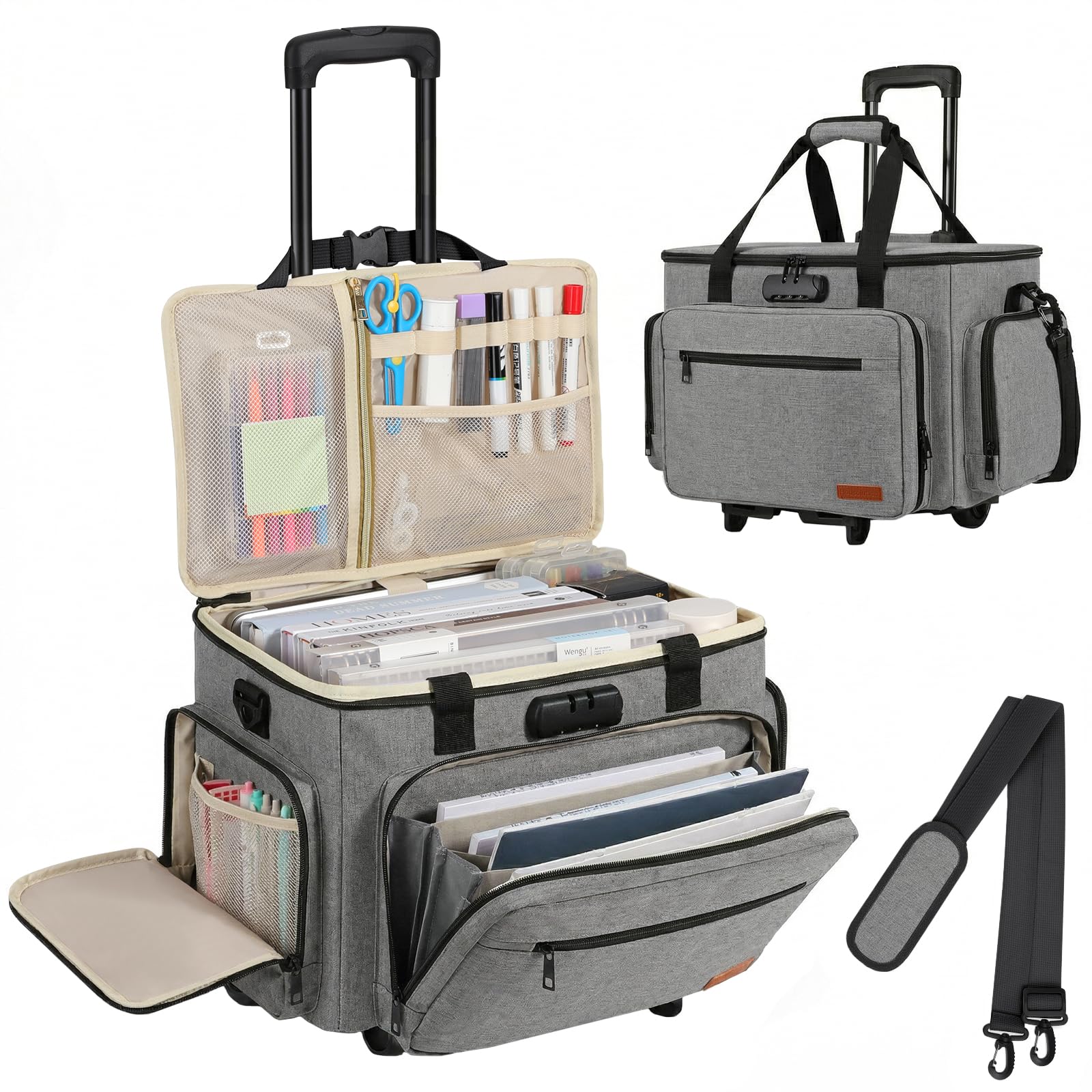 Housolution Rollende Lehrertasche mit Rädern, Lehrertasche mit abnehmbarem Trolley, Laptop-Arbeitskoffer auf Rädern, Aktenkoffer mit Akkordeonordner, passend für 15,6" Laptop, Grau