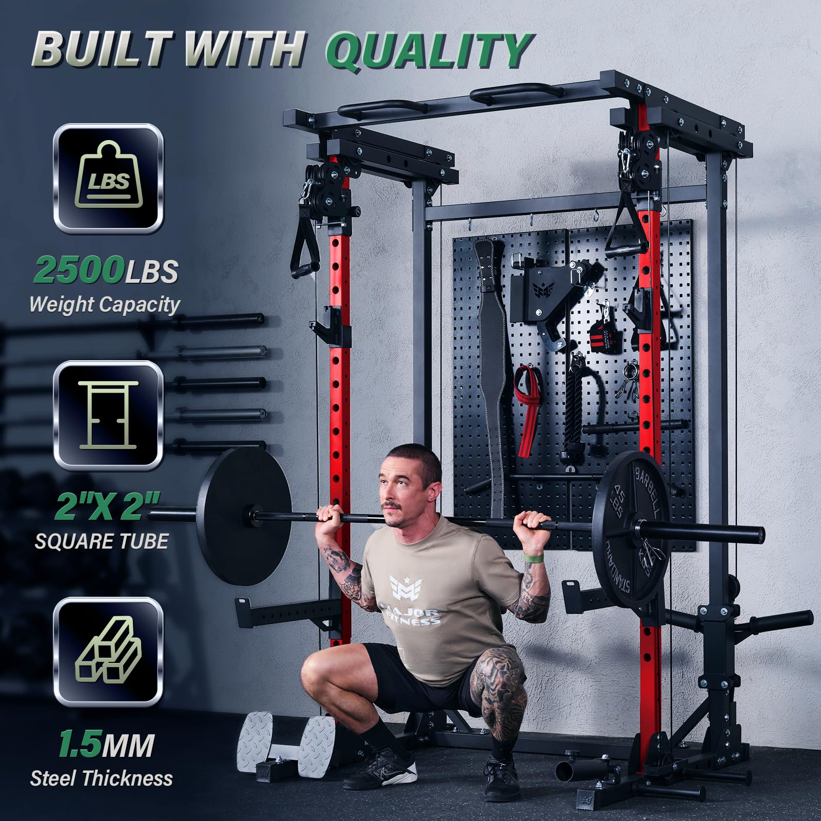 MAJOR FITNESS Drone3 Power Cage - Multi-Function Power Rack for Home Gym, Squat Rack with Pull-up Bar, Cable Crossover System, J-Hooks, for Strength Training, Heavy-Duty Steel Construction