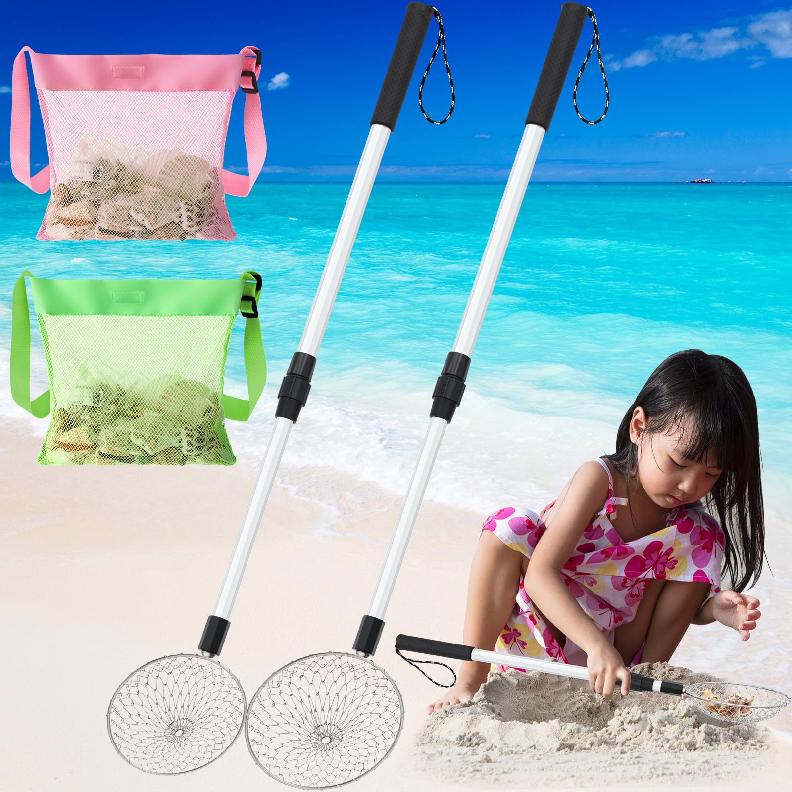 Roshtia 2 Pack Beach Sand Sifter Scoop with 2 Shell Bags Long Adjustable Handle Mesh Sand Digger, Rock Scooper for Rock Shells Shark Tooth Beach Shelling Tools Toys (Gray)