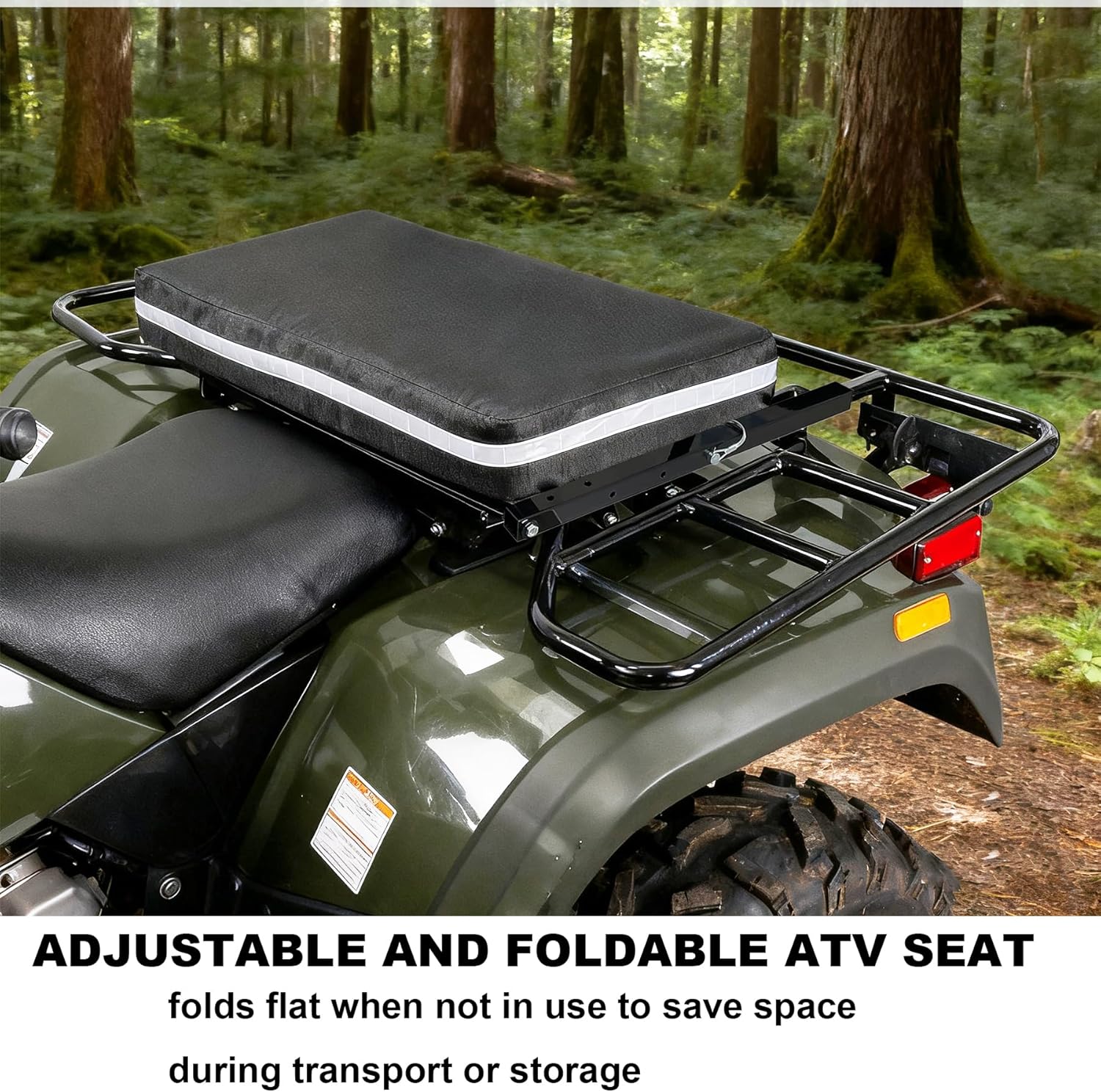 Universal ATV Backrest Heavy Duty Steel Frame 2.7''Thick Cushion with Storage Pocket Reflective Strips Foldable Adjustable Atv Rear Seat for Ultimate Comfort Versatility