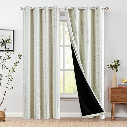 Miniatura 8 de jinchan Cortinas bohemias 100% opacas de 108 pulgadas de largo para dormitorio, estampado geométrico negro sobre beige, ojales en la parte superior,