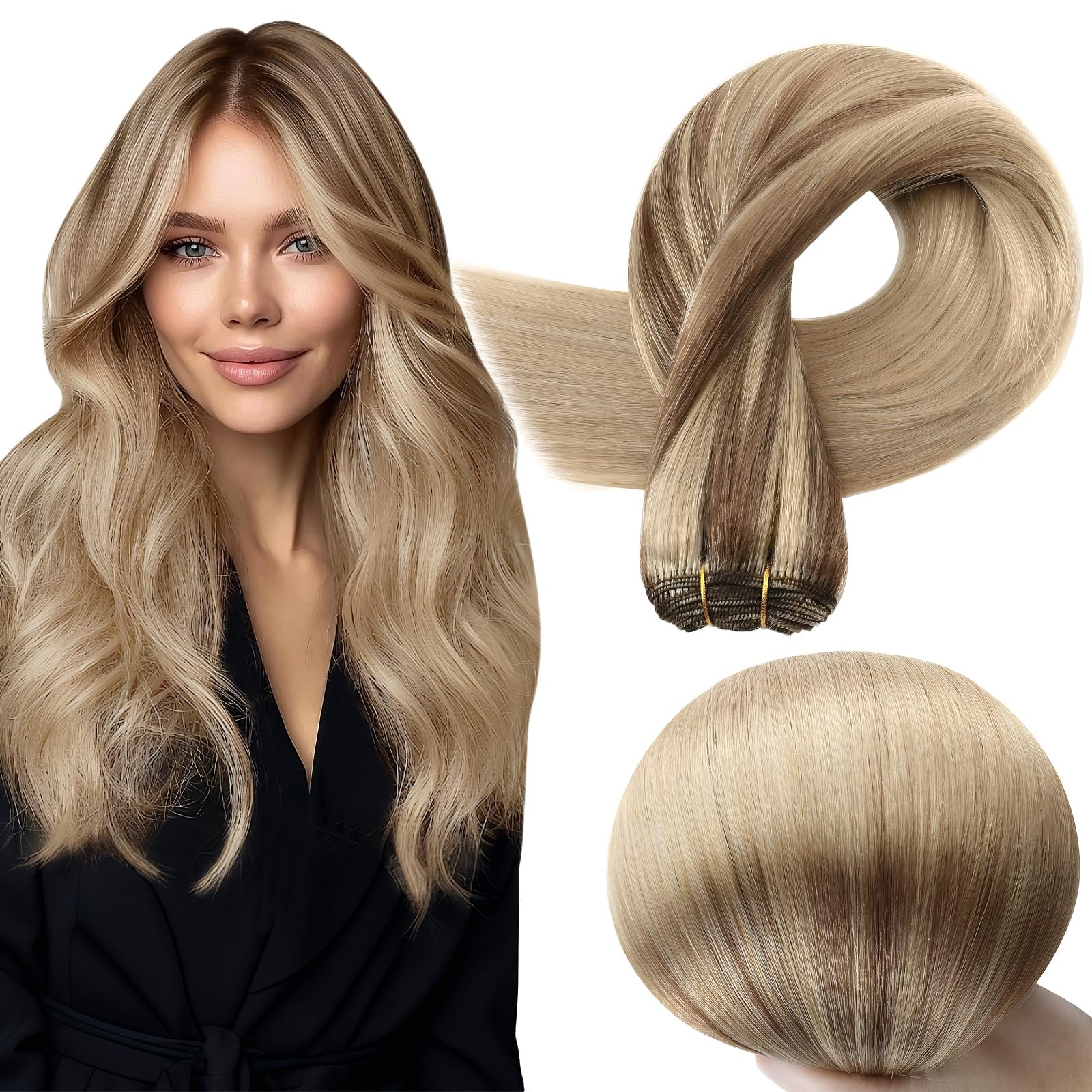 Full Shine Sew In Hair Extensions Real Human Hair 18 Inch 105G Weft Hair Extensions Human Hair For Women Color 10 Golden Brown Fading To 16 Golden